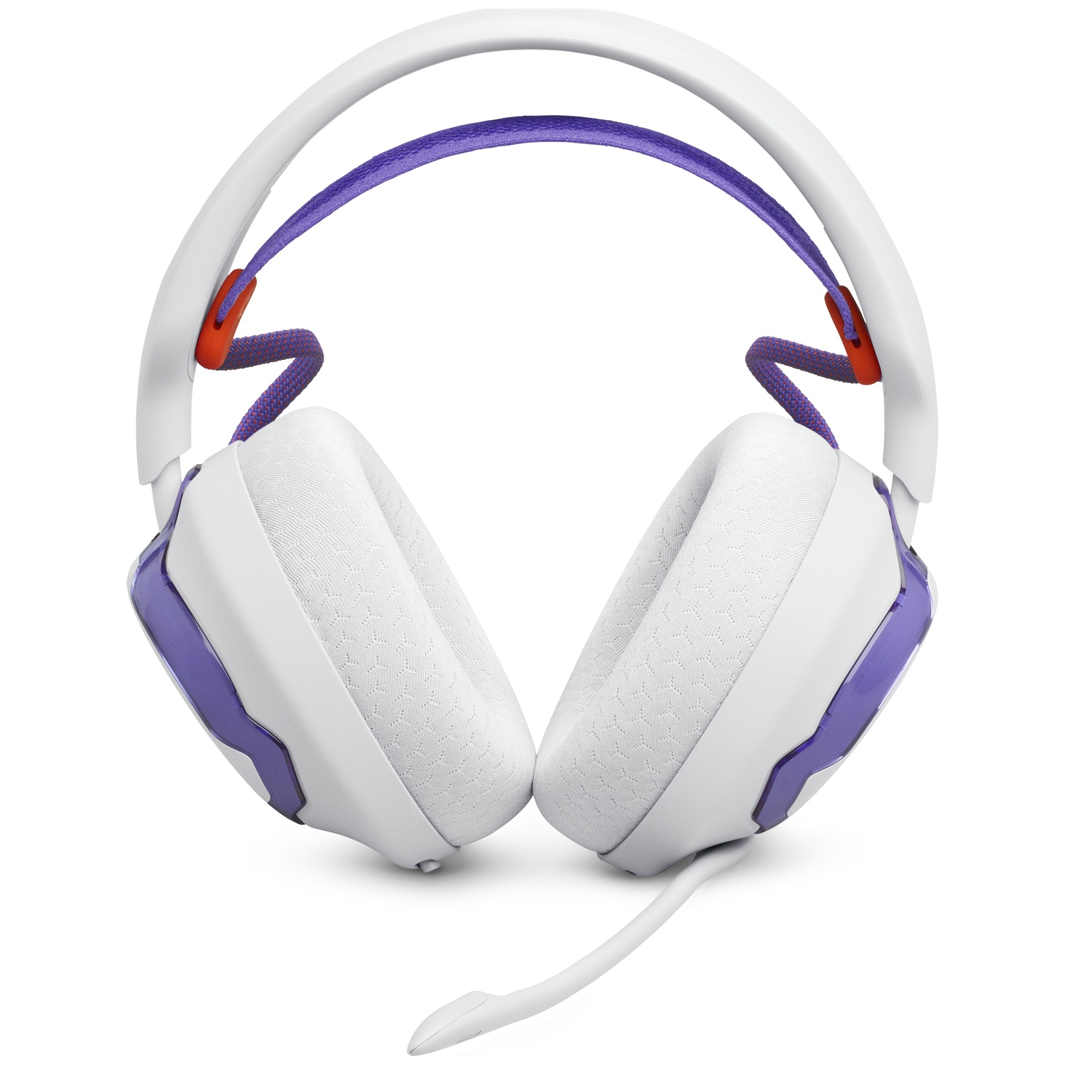 Casque de jeu blanc et violet. Comprend des oreillettes et un bandeau blancs, des accents et un câble violets, et un microphone blanc attaché.