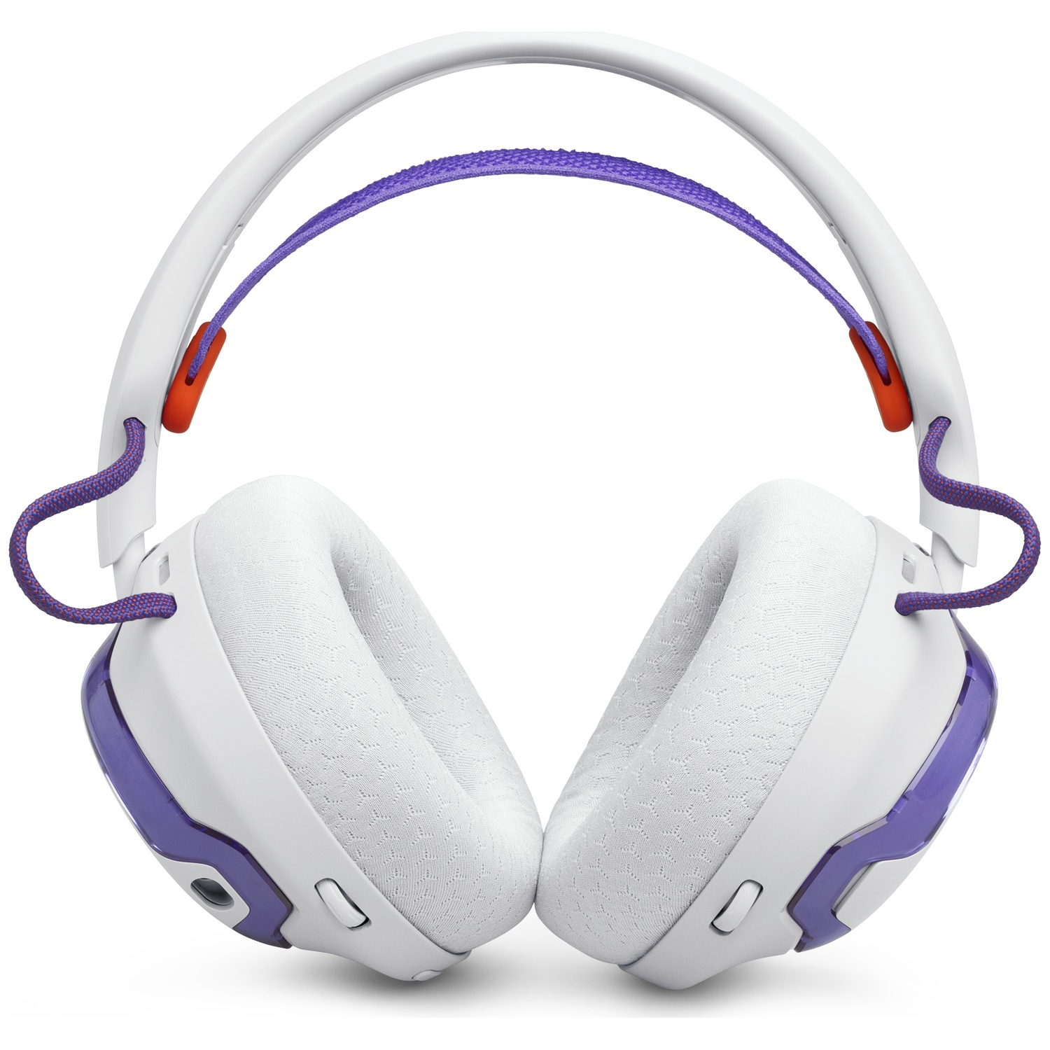 Casque blanc avec des accents violets et oranges. Écouteurs blancs avec motif texturé. Câble et bandeau violets.