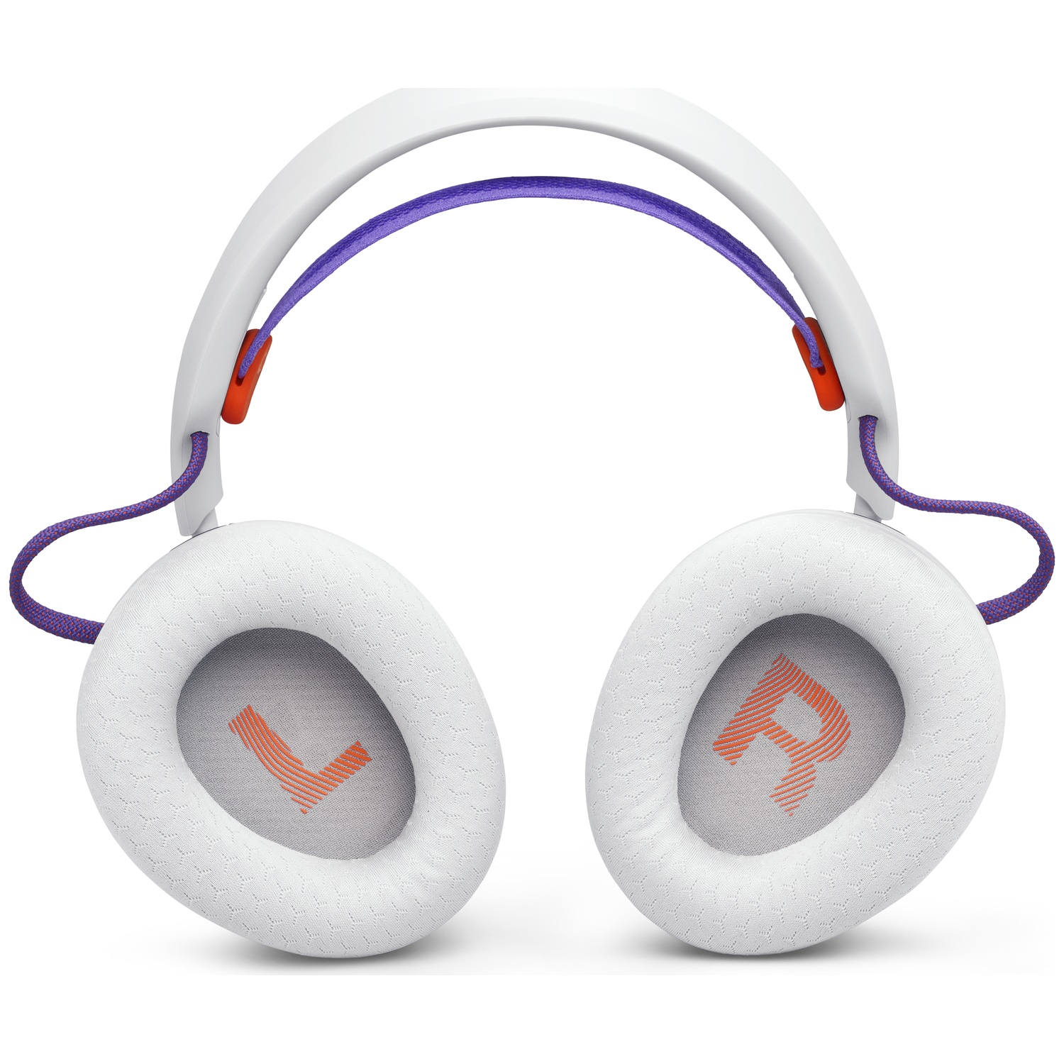Casque blanc avec des touches de violet et d'orange. Les oreillettes affichent L et R. Le fond est blanc.