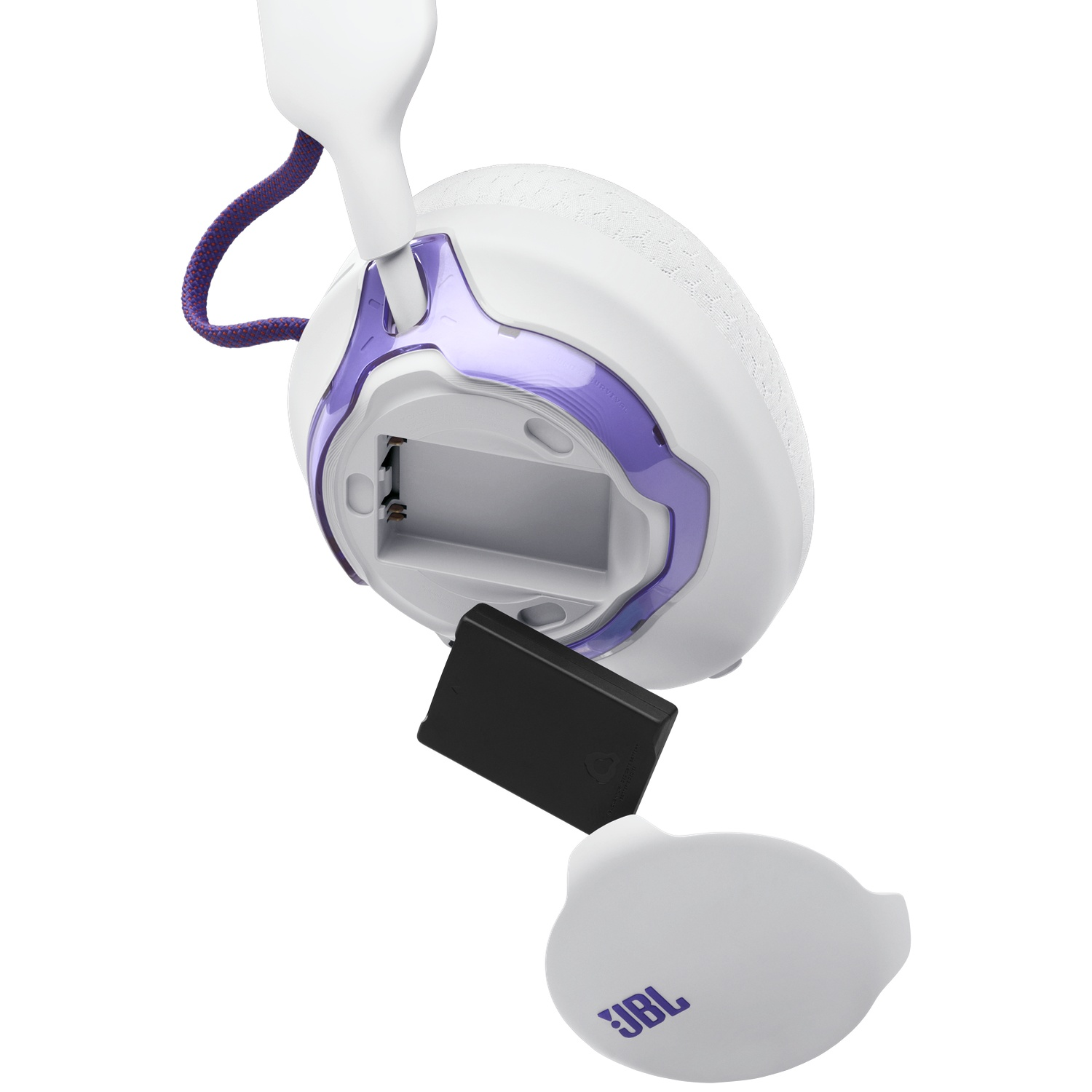 Casque JBL blanc avec des accents violets. Une batterie noire est retirée du compartiment. Le logo JBL est visible.