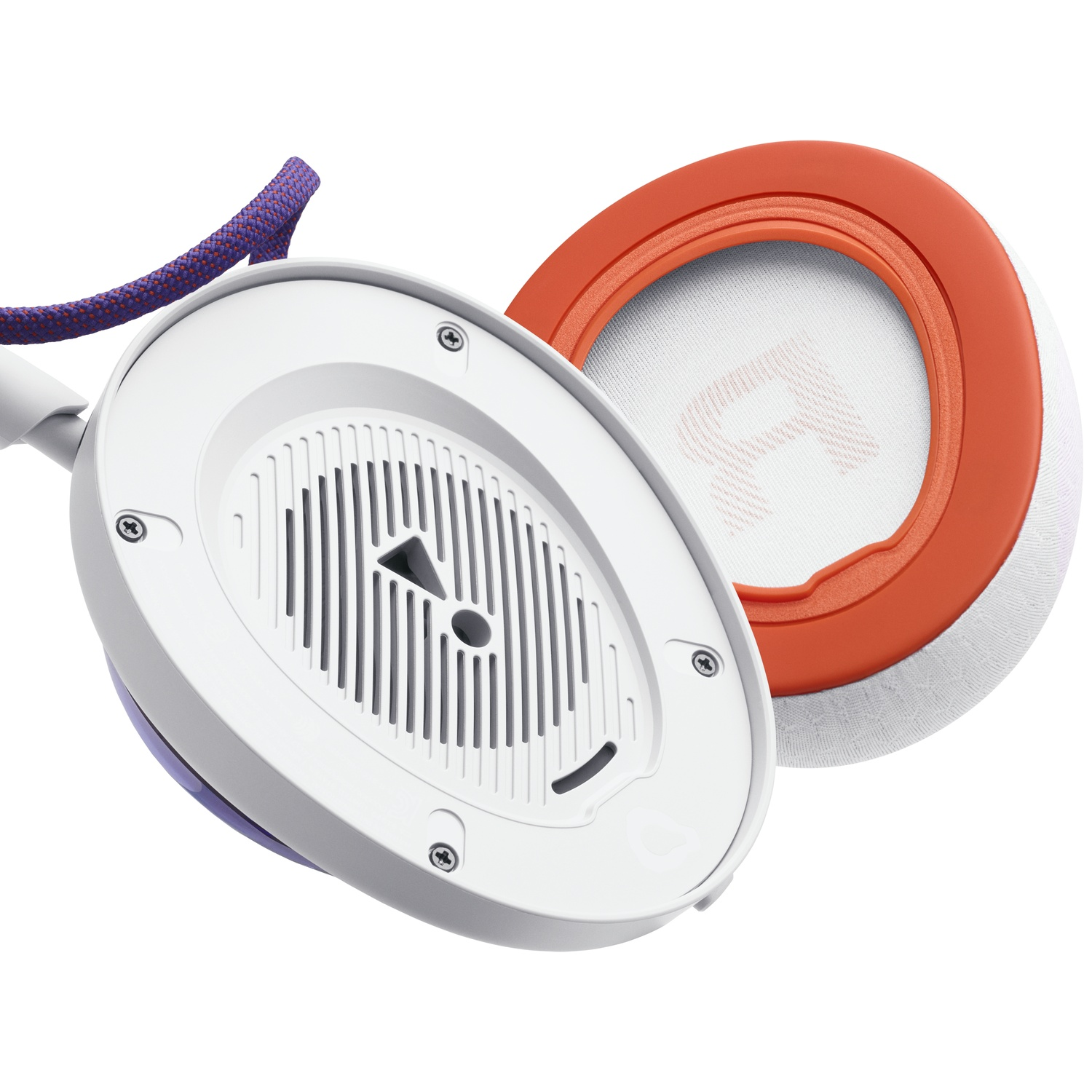 Casque blanc et violet avec des accents orange. Un coussinet est détaché, révélant l'intérieur. Un câble violet est visible.