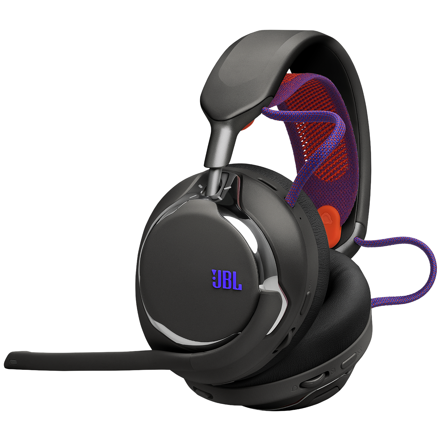 Zwarte JBL-koptelefoon met een paarse en oranje binnenband. Het JBL-logo is zichtbaar. Een microfoon is bevestigd. Geïsoleerd op wit.