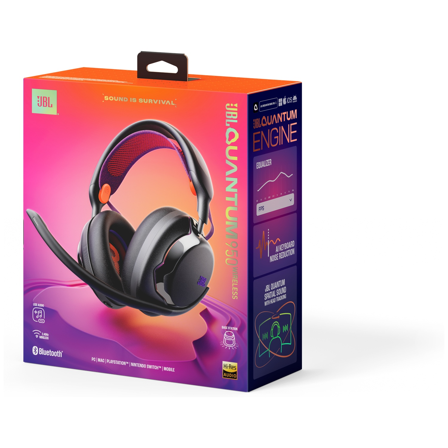 JBL Quantum 950 Wireless headsetdoos. Zwarte en oranje headset op een kleurrijke doos met tekst en gemarkeerde functies.