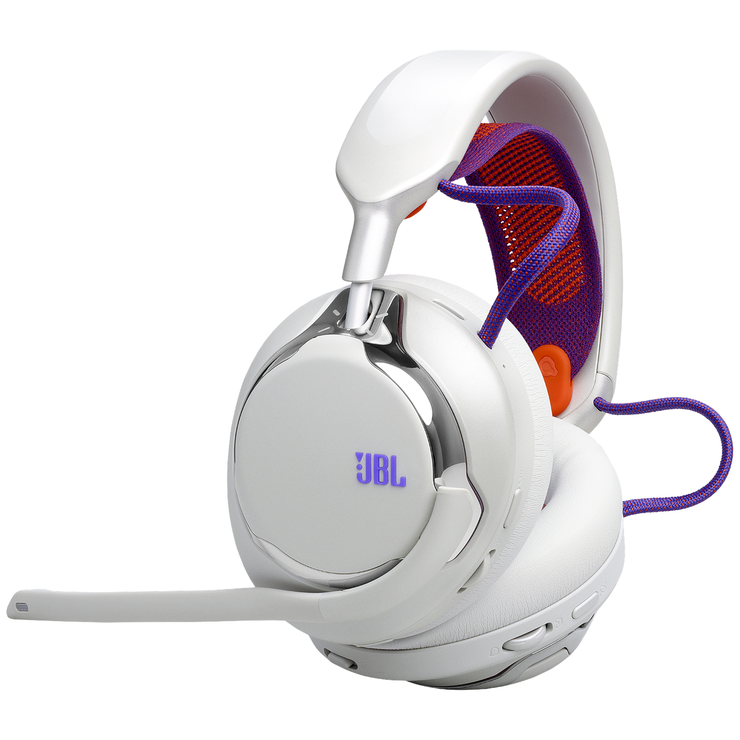 Witte JBL gaming headset met paarse en oranje accenten. Voorzien van een microfoon en een paars snoer. De oorschelpen hebben een zilveren rand.