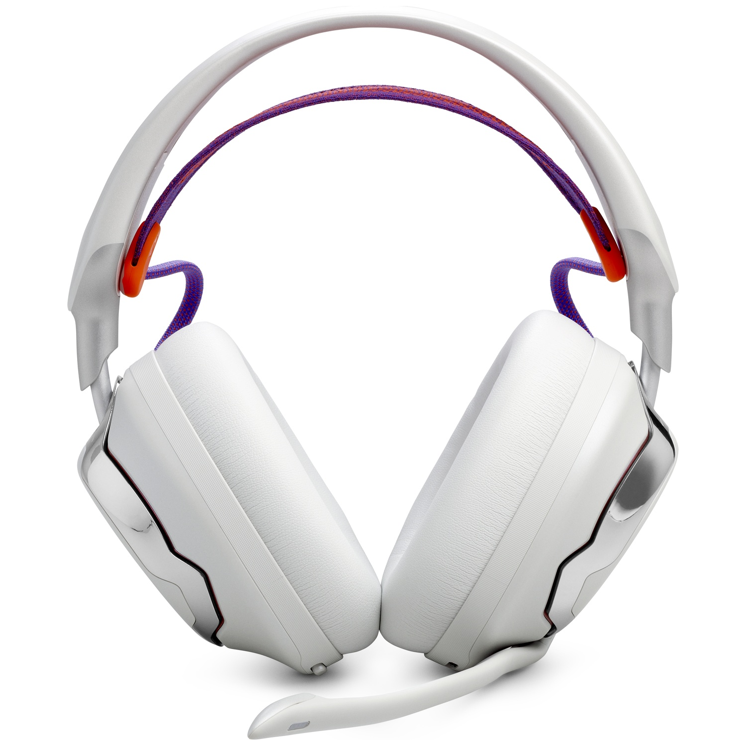 Witte gamingheadset met paarse en oranje accenten. De oorschelpen zijn groot en gewatteerd, verbonden door een witte hoofdband.