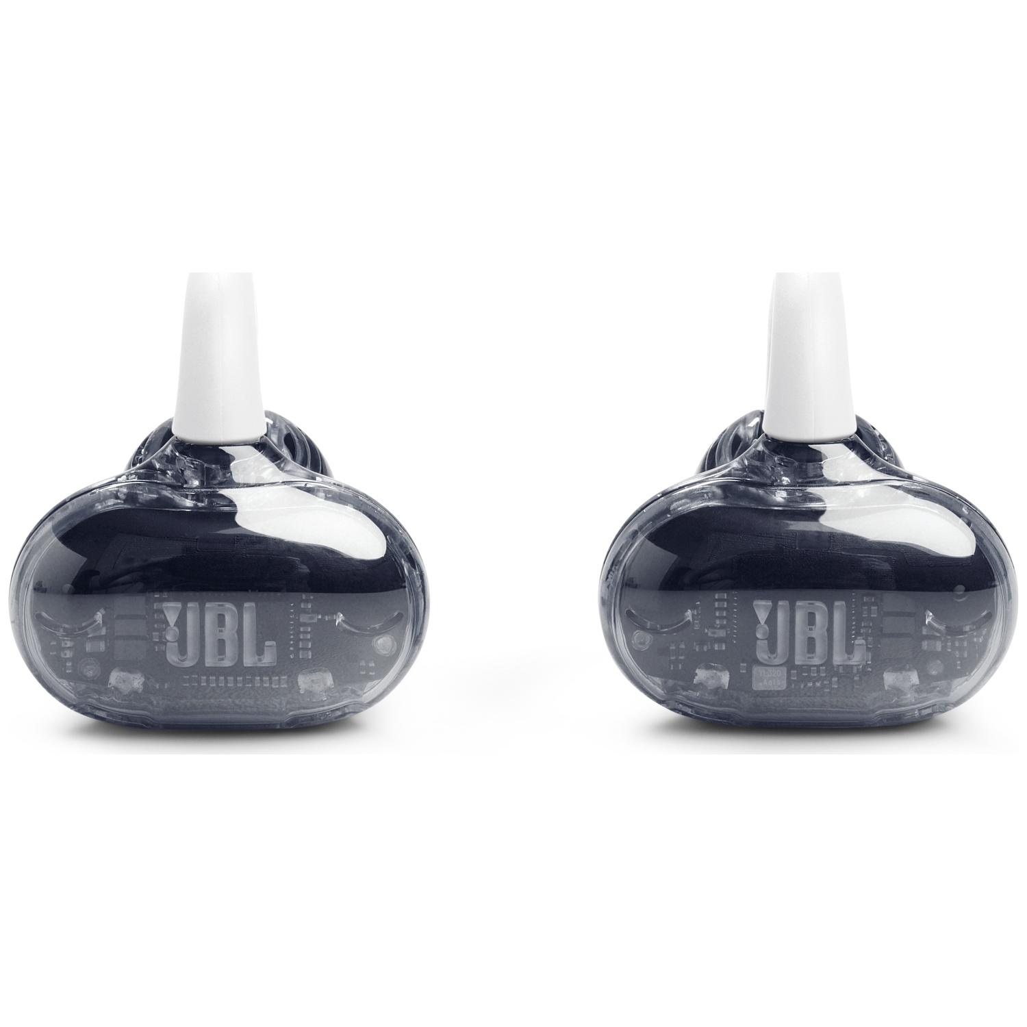 Deux écouteurs JBL transparents avec tiges blanches sur fond blanc. Le logo JBL est visible sur les écouteurs.