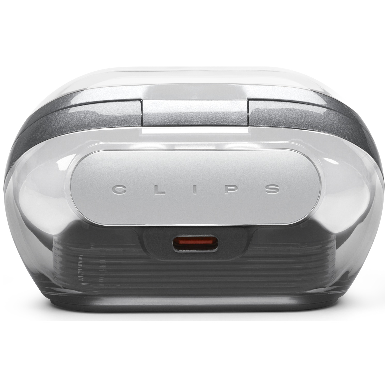 Un étui transparent et ovale pour écouteurs avec des accents gris. Le mot 'CLIPS' est imprimé sur le devant. Un port de charge est visible.