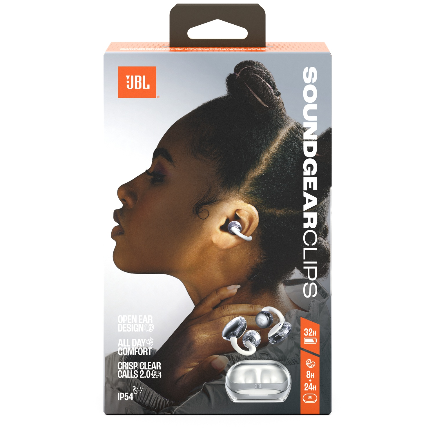 La boîte présente une femme portant des écouteurs. Le texte comprend 'SOUNDGEARCLIPS' et le logo JBL. Les écouteurs et l'étui sont visibles.