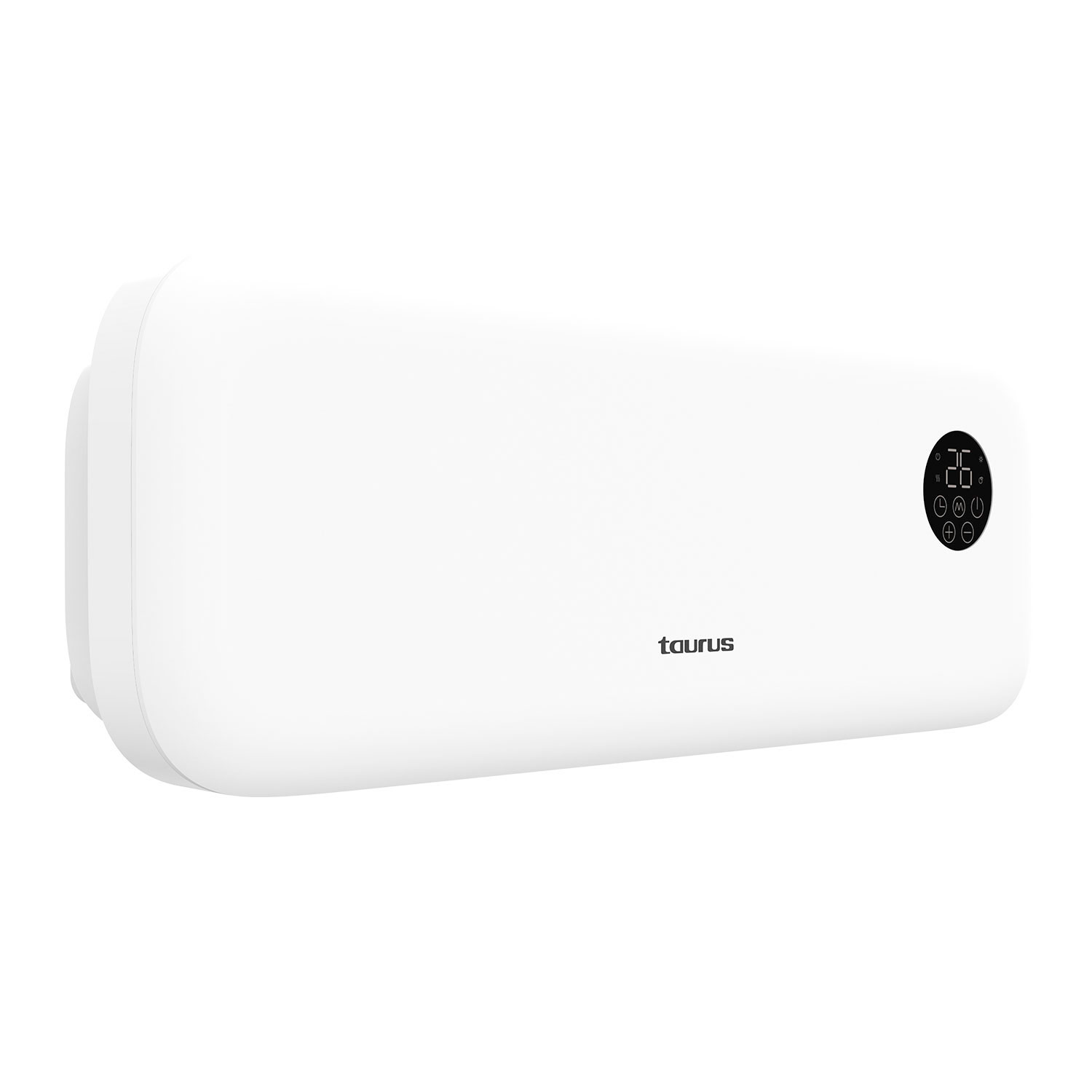Un acondicionador de aire Taurus blanco. Tiene una pantalla digital que muestra 26 grados. El nombre de la marca está impreso.