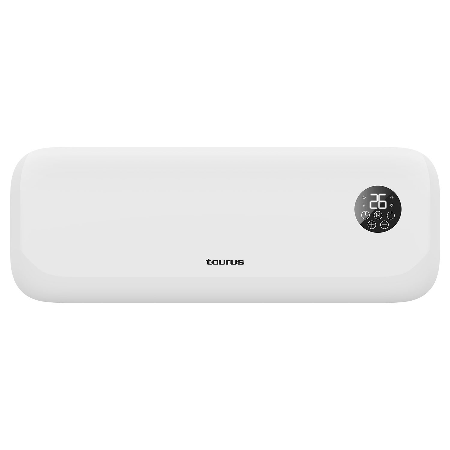Calentador Taurus blanco con pantalla digital que muestra 26 grados. Tiene botones de control. El nombre de la marca está en el calentador.