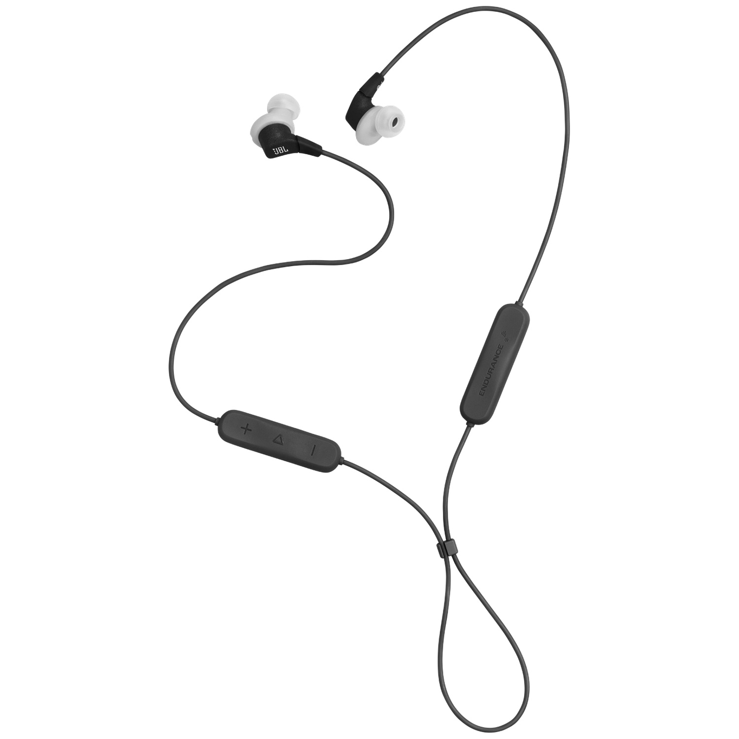 Zwarte en witte draadloze JBL oordopjes op een witte achtergrond. De oordopjes zijn verbonden door een zwarte kabel met volumeregelaars.