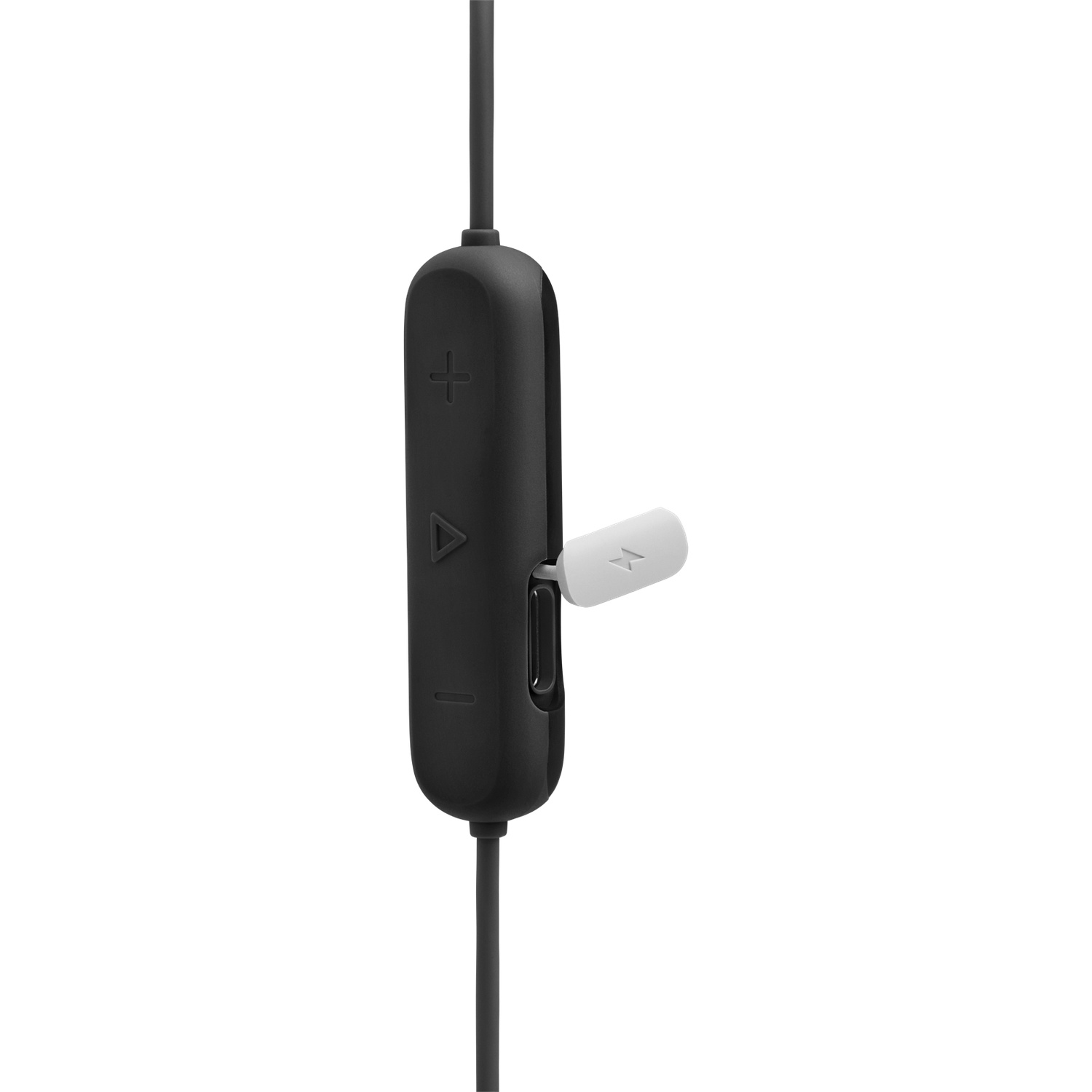 Een zwarte in-line afstandsbediening op een koptelefoon met een witte schuifregelaar. Er staan plus-, min- en een driehoeksymbool op, met een draad.