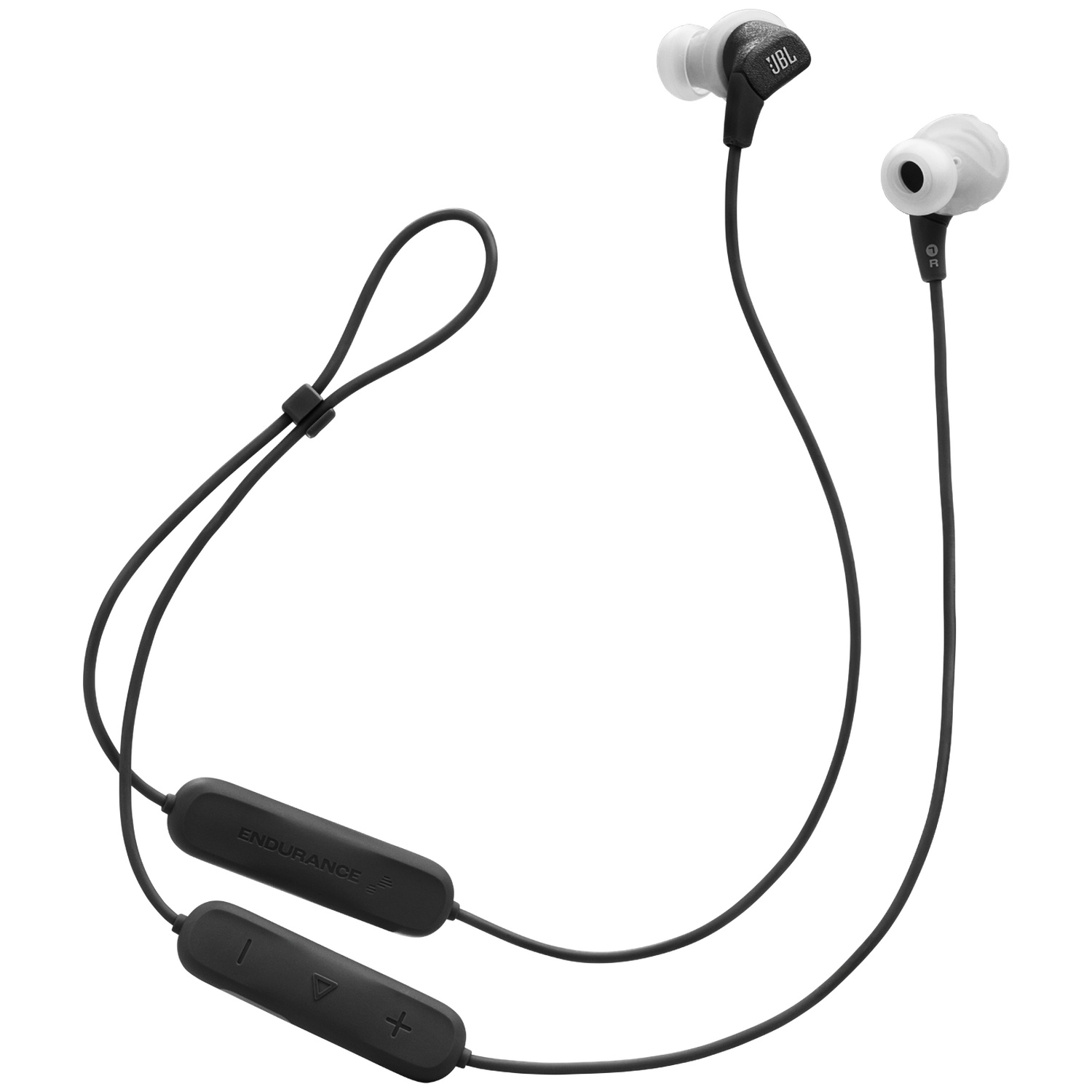 Zwarte draadloze JBL Endurance oordopjes met witte uiteinden. De oordopjes hebben een nekband en inline bediening. De achtergrond is wit.