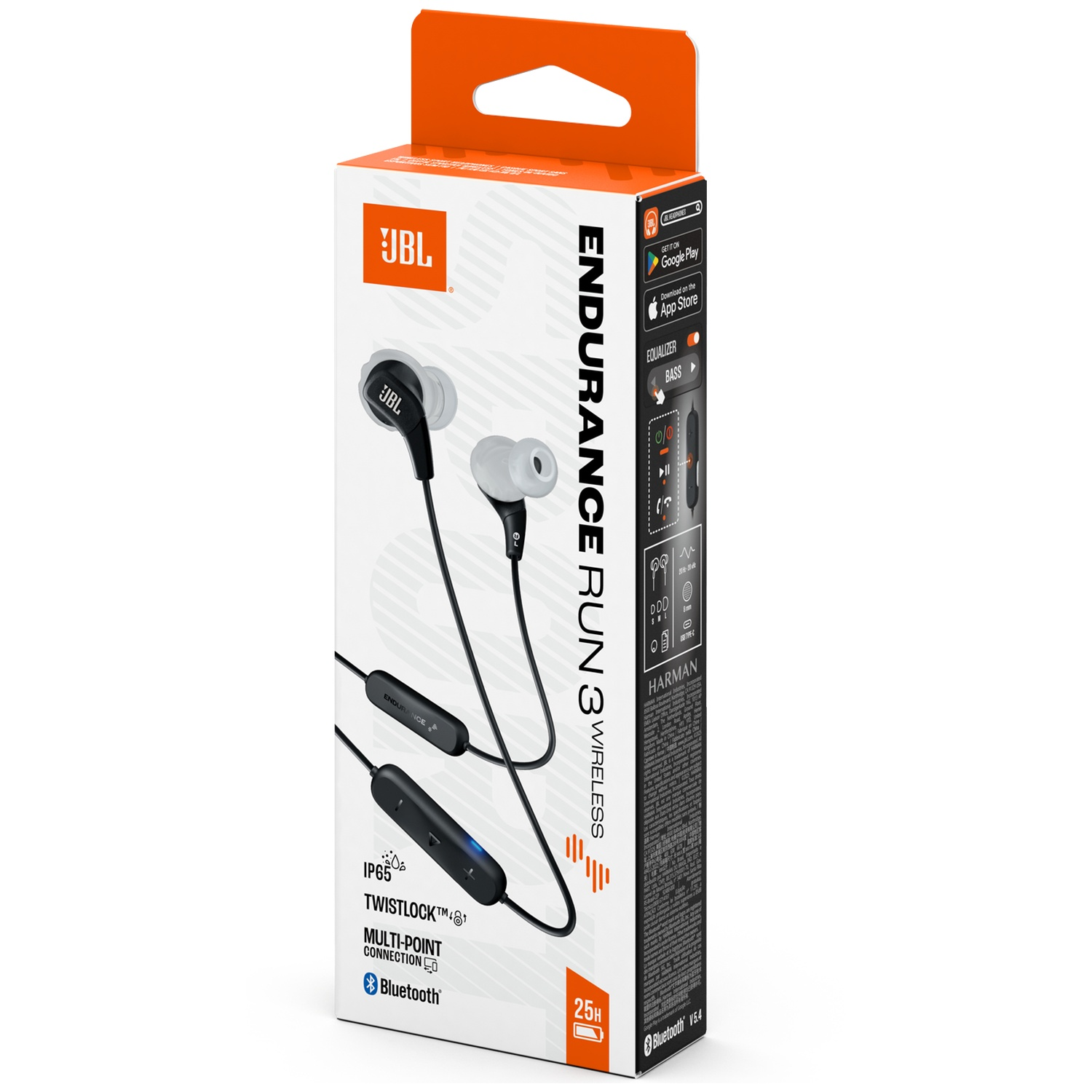 JBL Endurance Run 3 draadloze oortelefoons in een doos. Kenmerken zijn Bluetooth, Twistlock en multi-point connectie.