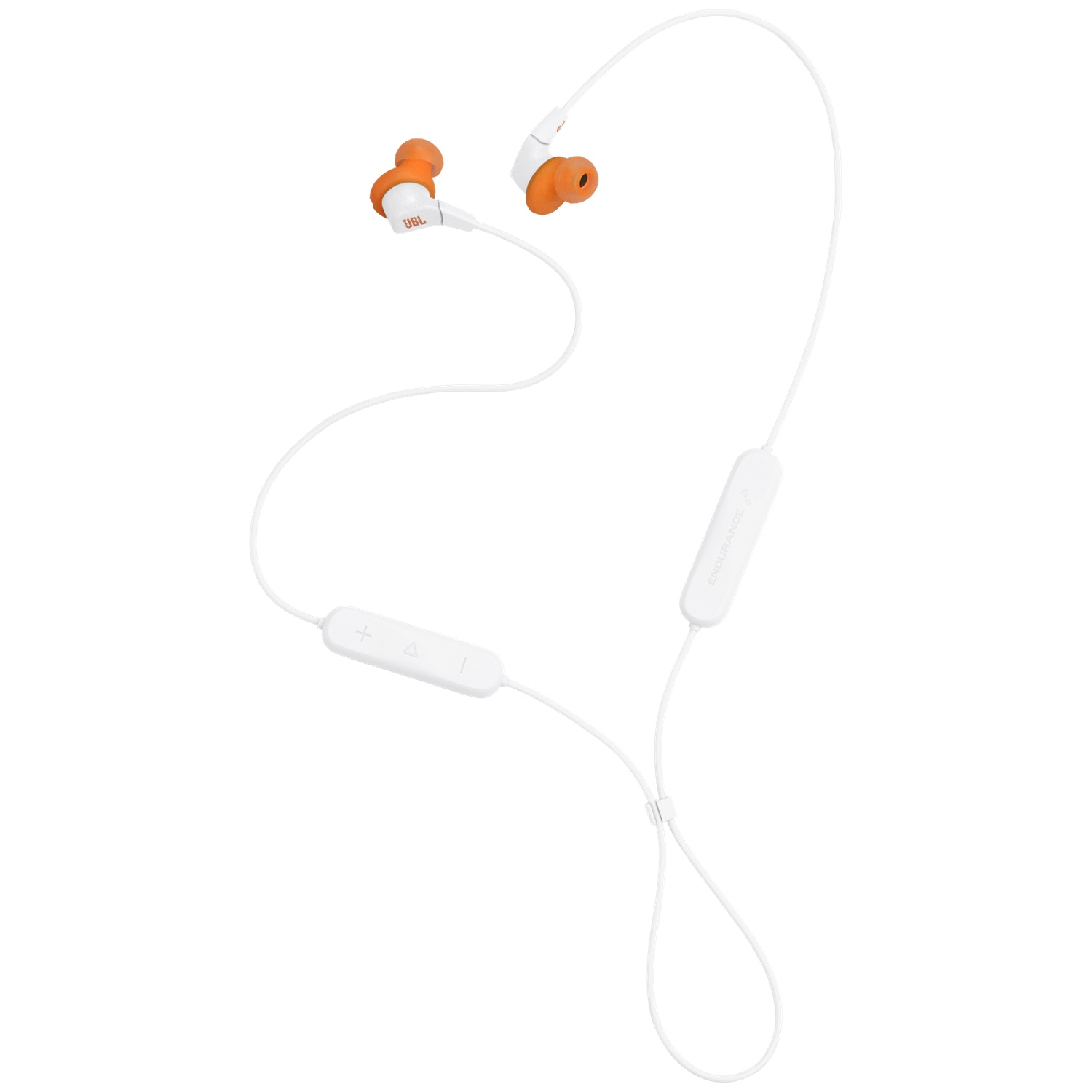 Witte JBL draadloze oortelefoons met oranje oortips. De oortelefoons zijn verbonden door een witte draad. Er is een bedieningspaneel en een lus.
