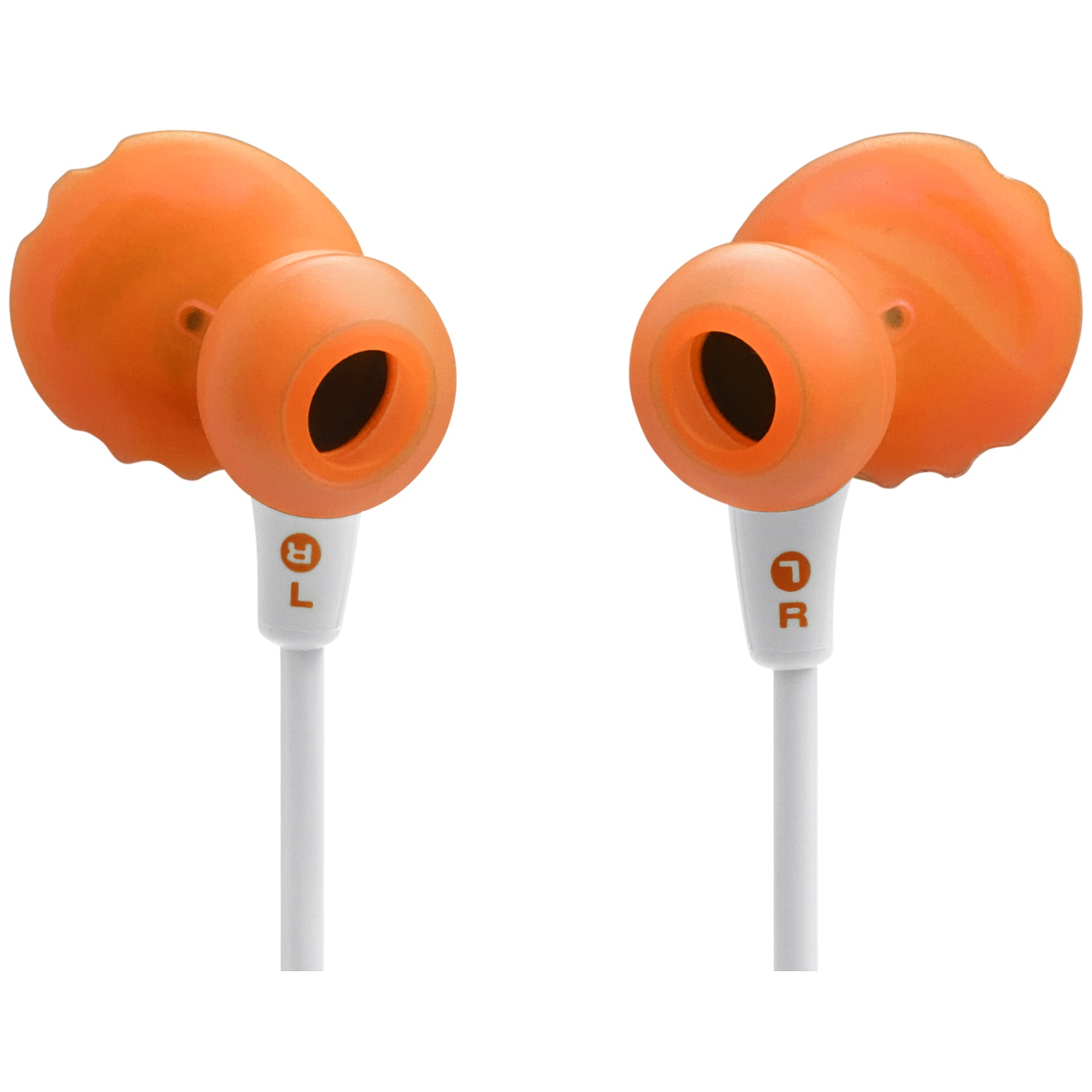 Twee oranje oordopjes met witte snoeren. De linker oordop heeft een 'L' en de rechter een 'R'. Beide hebben zwarte openingen.