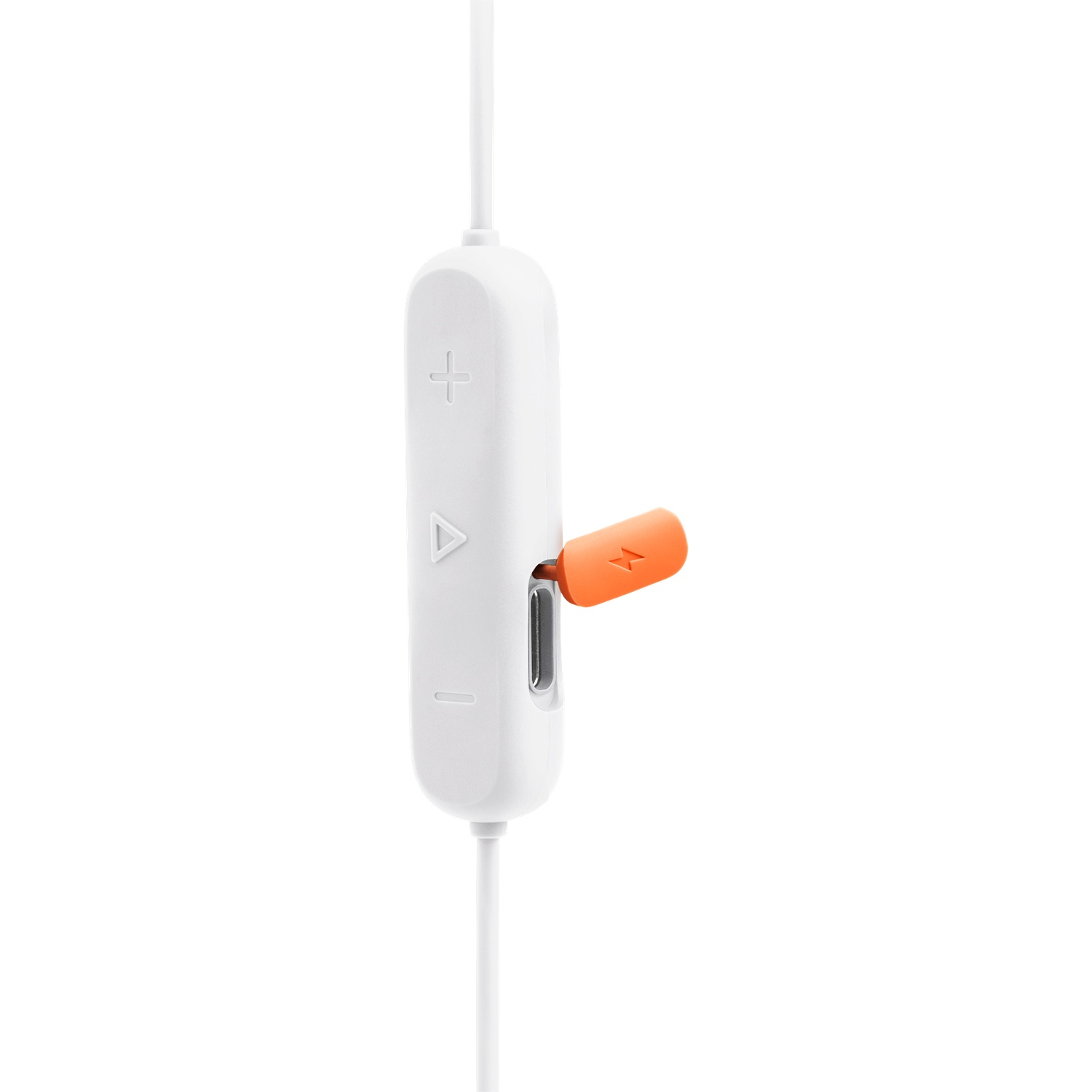 Witte koptelefoonbediening met plus-, min- en afspeelsymbolen. Een oranje schakelaar met bliksemschicht is aanwezig.