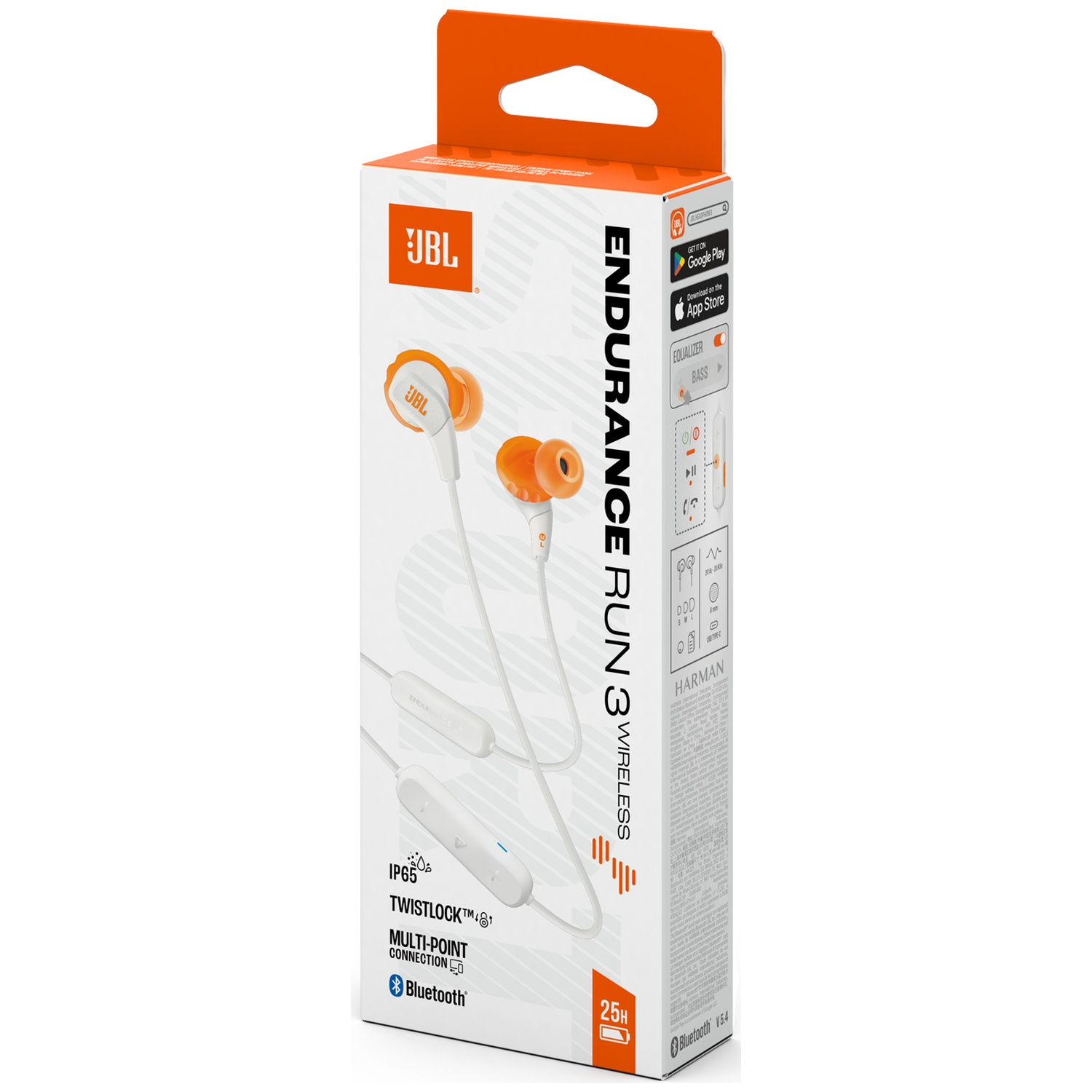 Een doos met JBL Endurance Run 3 draadloze oortelefoons. De doos is wit en oranje en toont de oortelefoons en hun kenmerken.