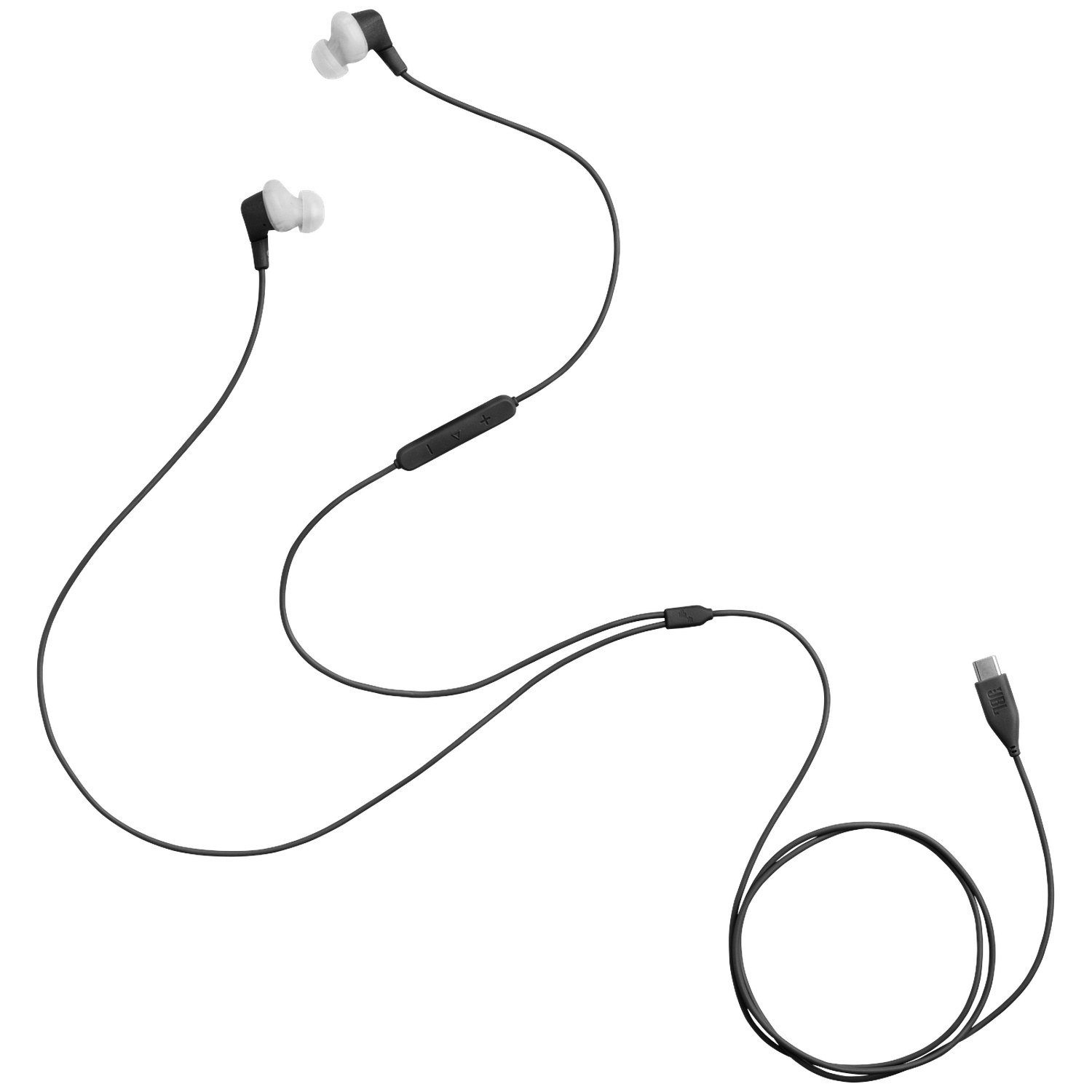 Écouteurs filaires noirs avec embouts blancs. Le câble comprend un panneau de commande et un connecteur USB-C.