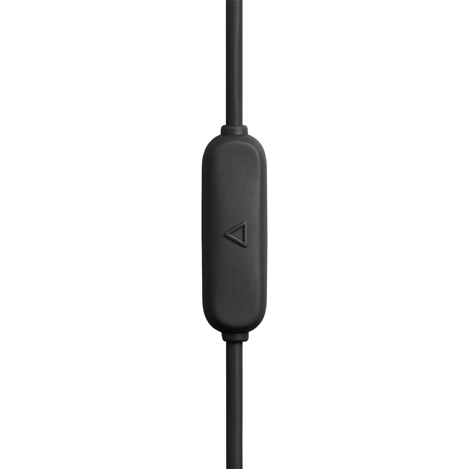 Gros plan sur un câble de casque noir avec un module de contrôle. Le module a un symbole triangulaire et est centré sur fond blanc.