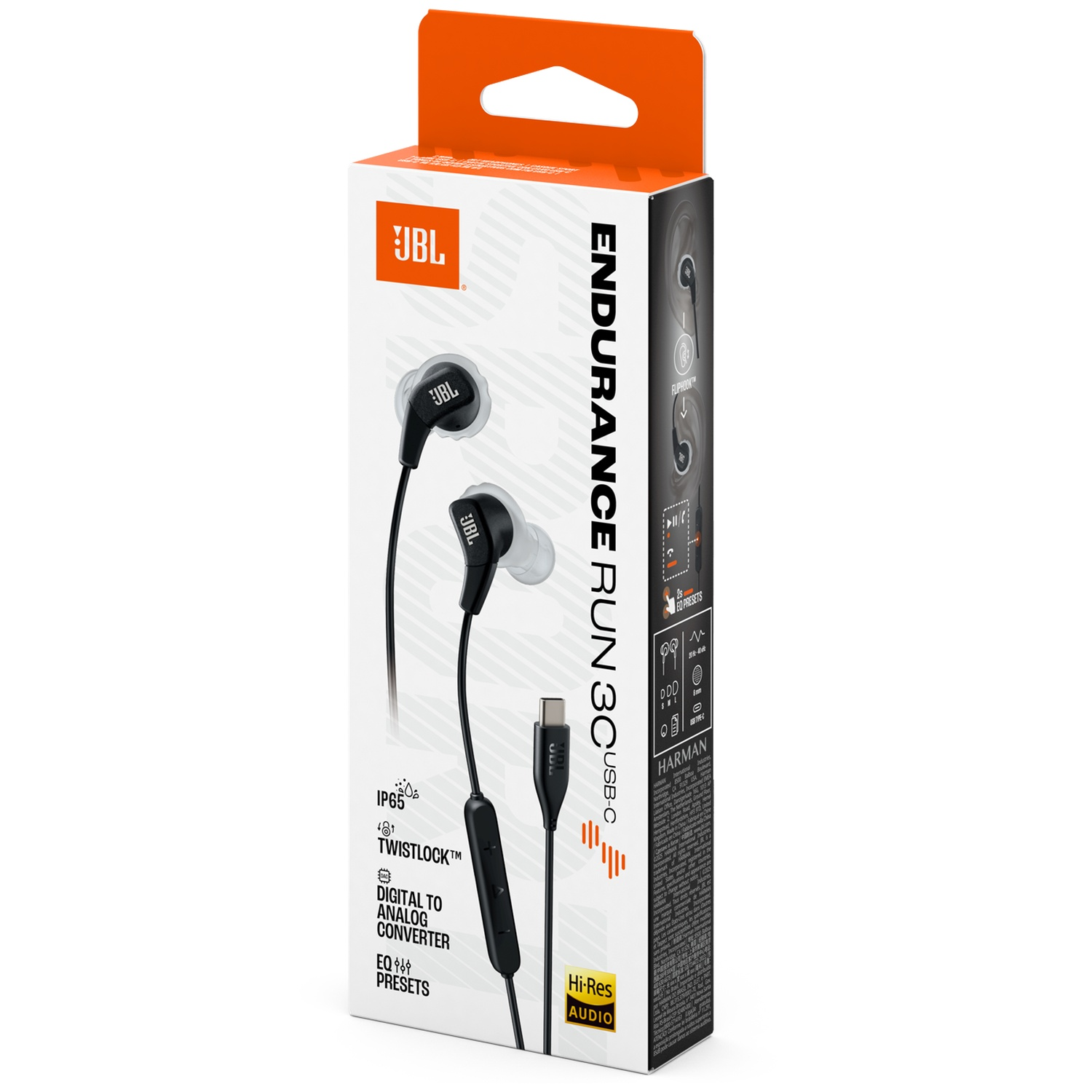 Boîte d'écouteurs JBL Endurance Run 3C USB-C. Les écouteurs noirs sont affichés, ainsi que les caractéristiques du produit et le logo JBL.