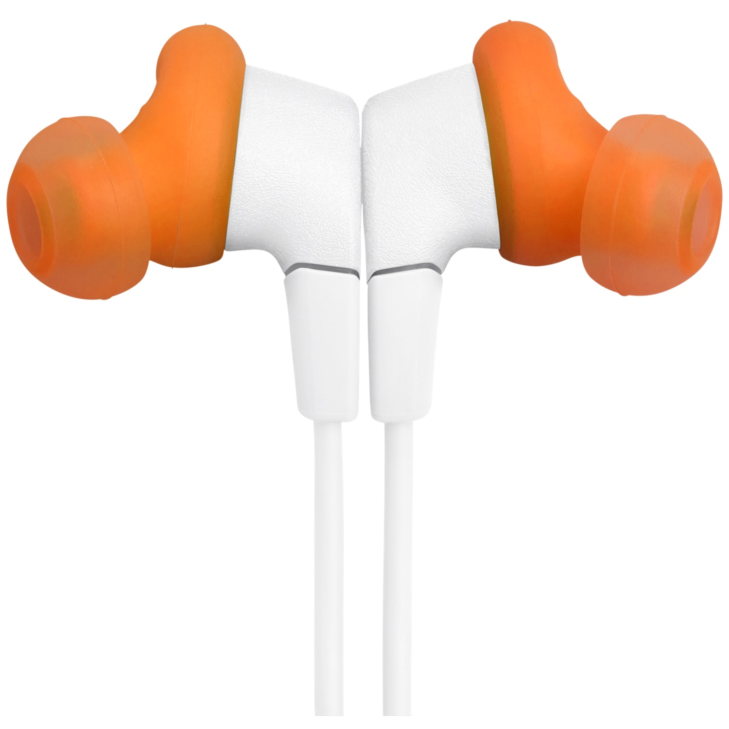 Twee witte oortelefoons met oranje oortips worden weergegeven tegen een witte achtergrond. Kabels lopen naar beneden vanaf de oortelefoons.