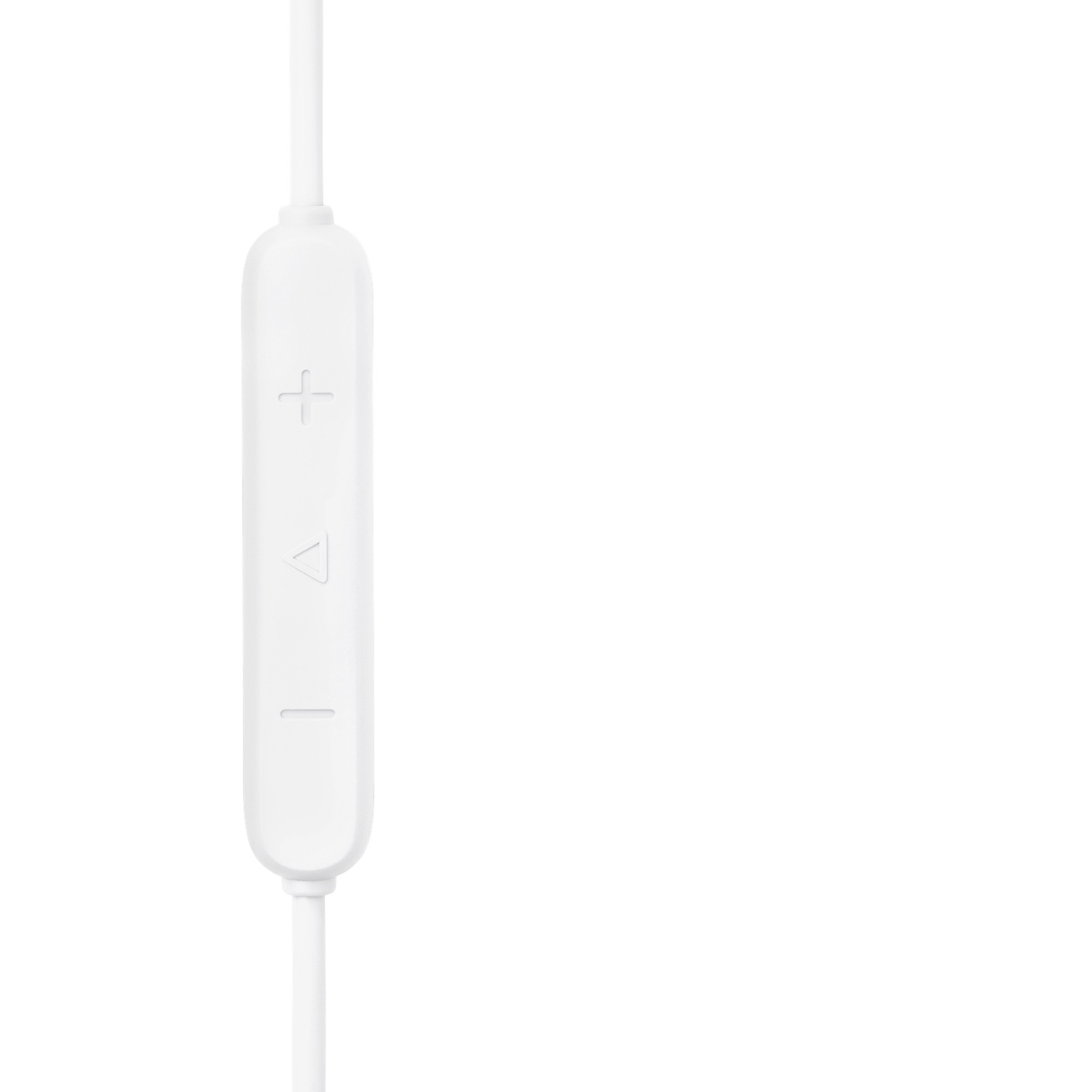 Een witte inline afstandsbediening met volume- en afspeel/pauze-knoppen is gecentreerd op een witte achtergrond.