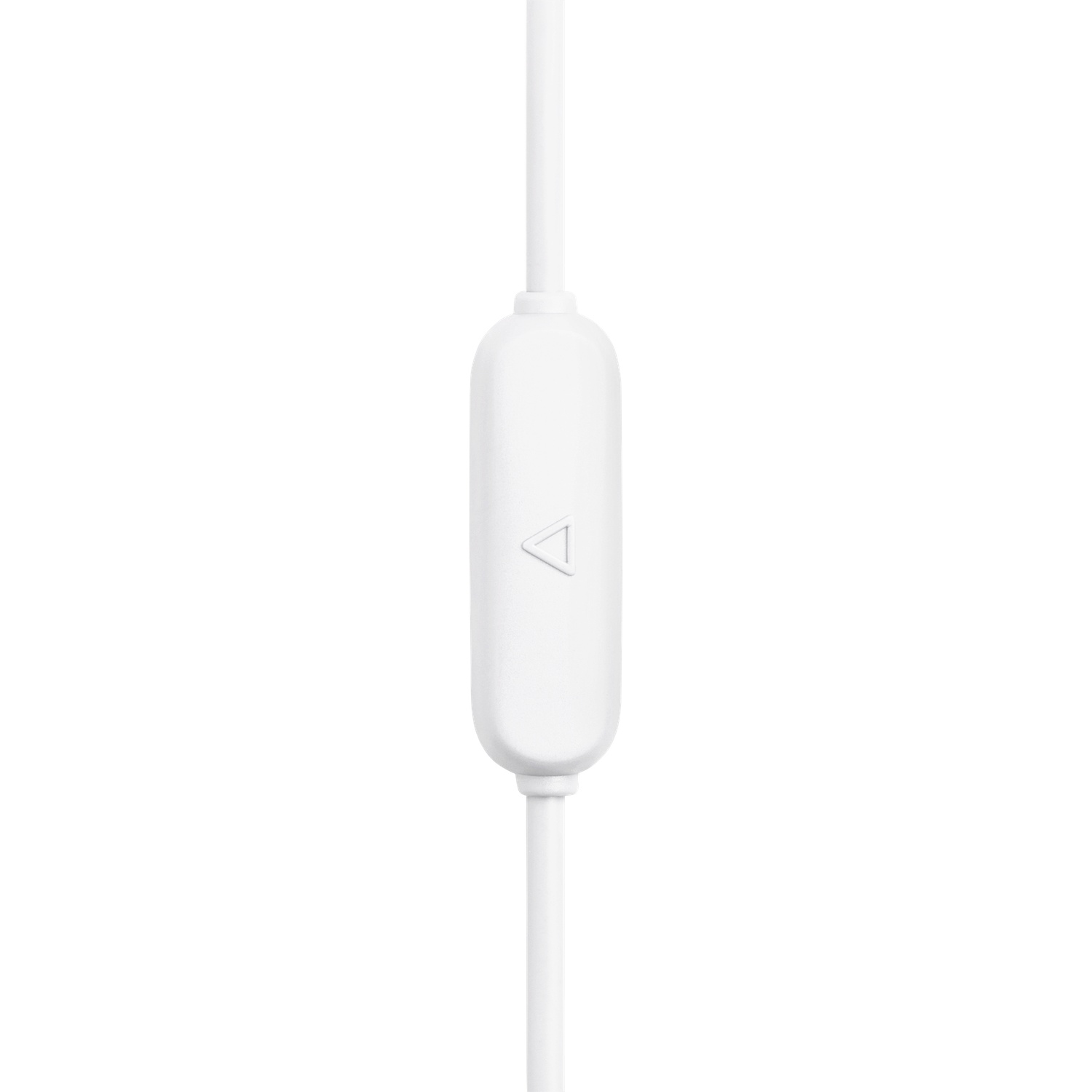 Een close-up van een witte in-line bediening voor hoofdtelefoons, met een driehoekssymbool en twee witte kabels.
