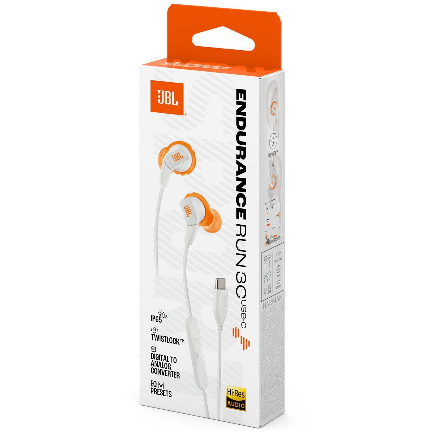 JBL Endurance Run 3C USB-C oortelefoons in een doos. Wit en oranje ontwerp. Kenmerken: IP65, Twistlock en Hi-Res audio.