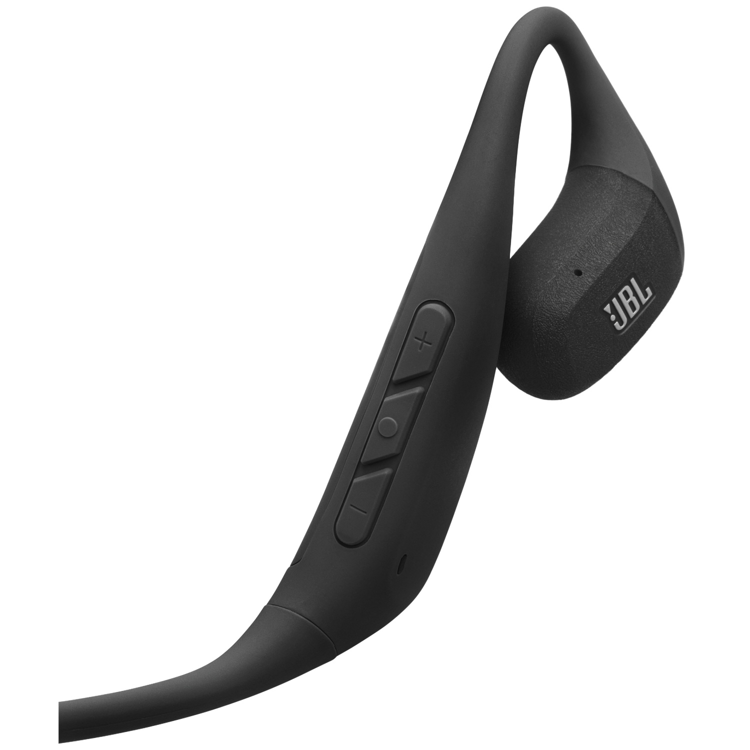 Zwarte JBL draadloze sportkoptelefoon. Voorzien van oordopjes, over-ear design, met volume- en bedieningsknoppen.