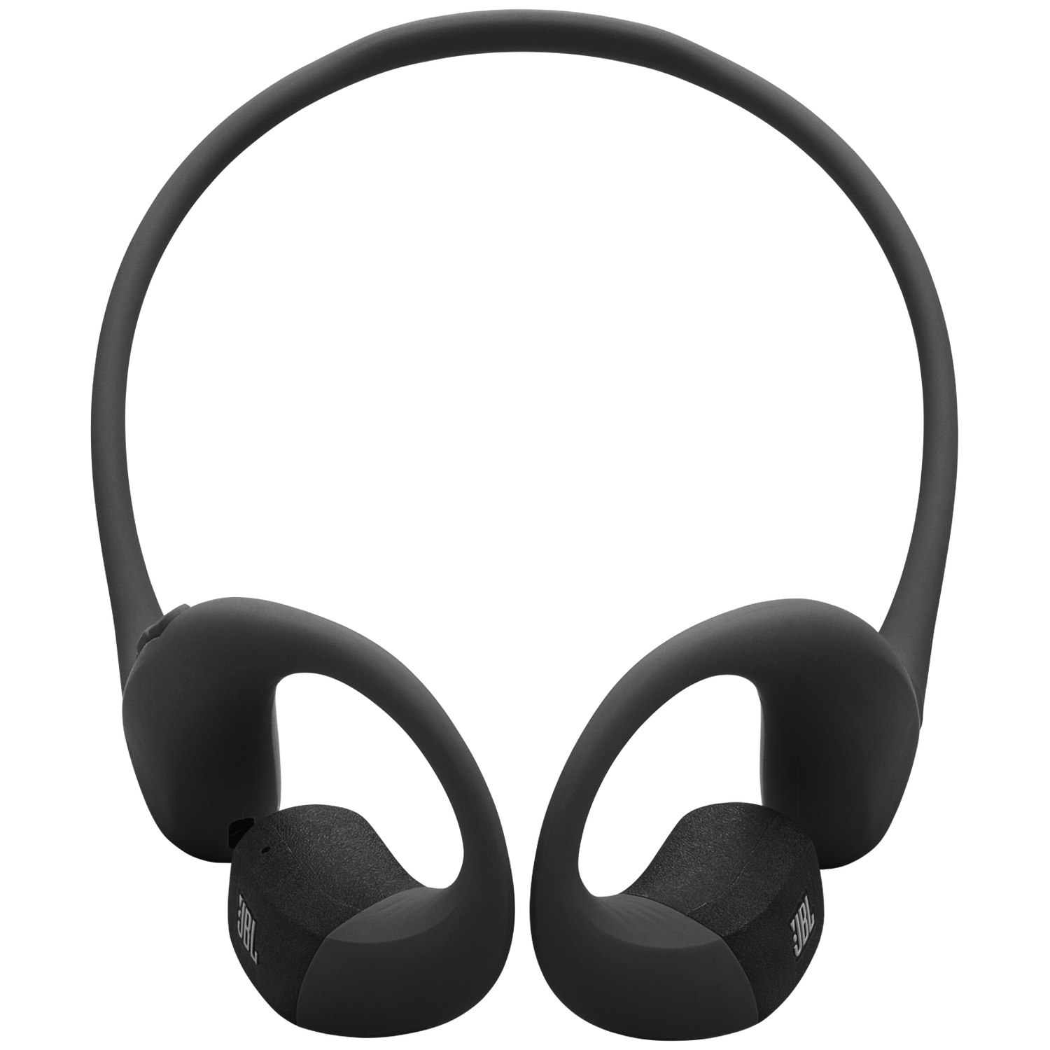 Zwarte JBL draadloze hoofdtelefoon. Het ontwerp omvat een hoofdband en oorhaken voor een veilige pasvorm.