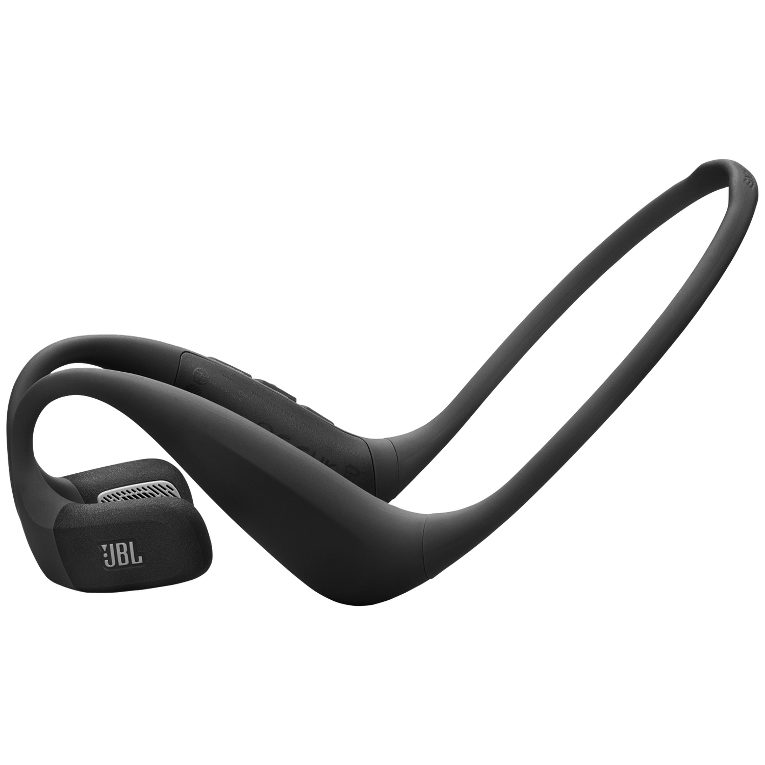 Zwarte JBL-hoofdtelefoon met botgeleiding op witte achtergrond. De hoofdtelefoon heeft een nekband en oordopjes.