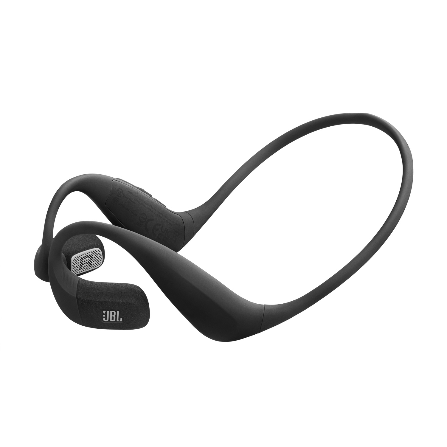 Zwarte JBL-hoofdtelefoon met botgeleiding op een witte achtergrond. De hoofdtelefoon is gebogen en ergonomisch.
