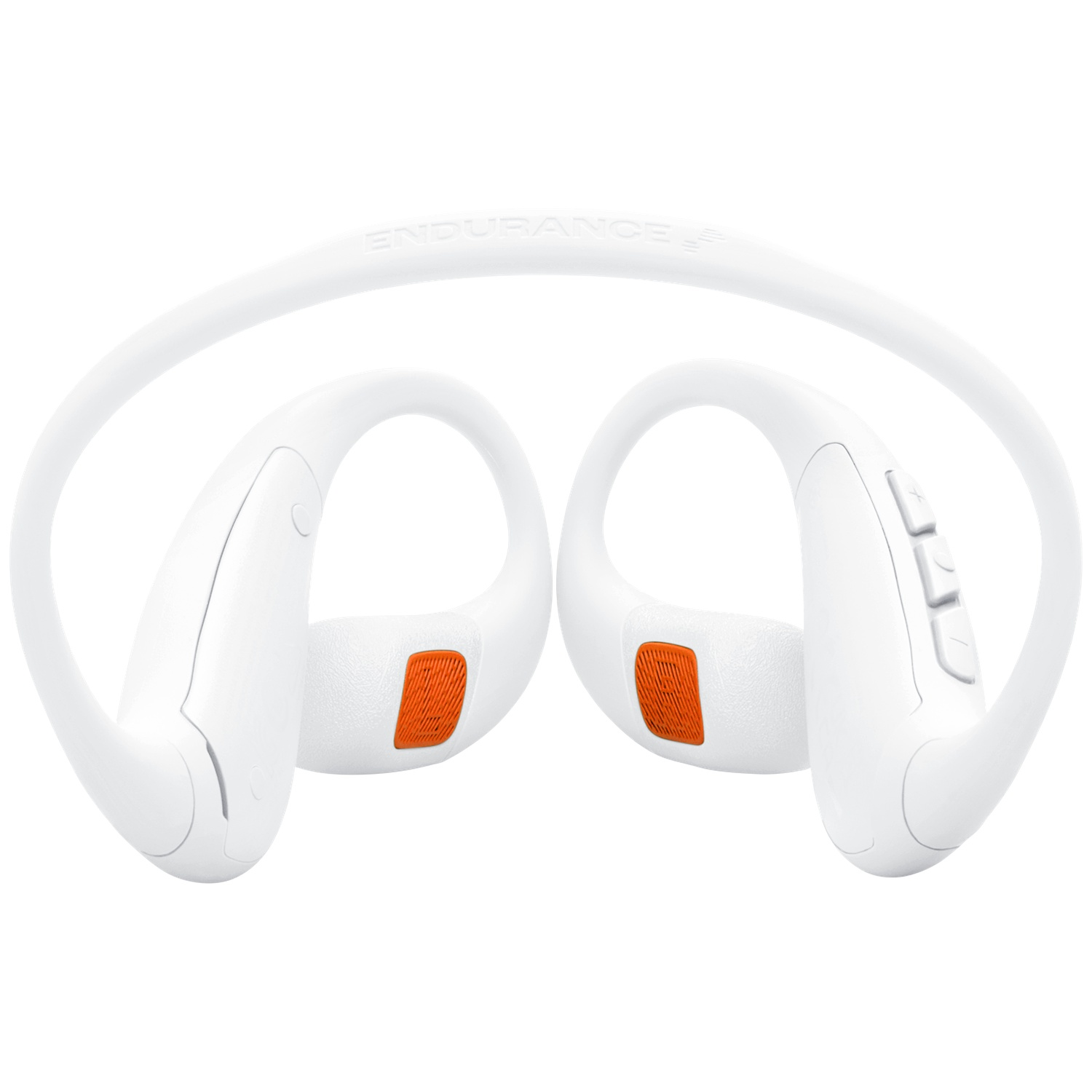Witte sportkoptelefoon met oranje accenten. De koptelefoon heeft een nekband en oorhaken. Knoppen zitten op de rechter oortelefoon.