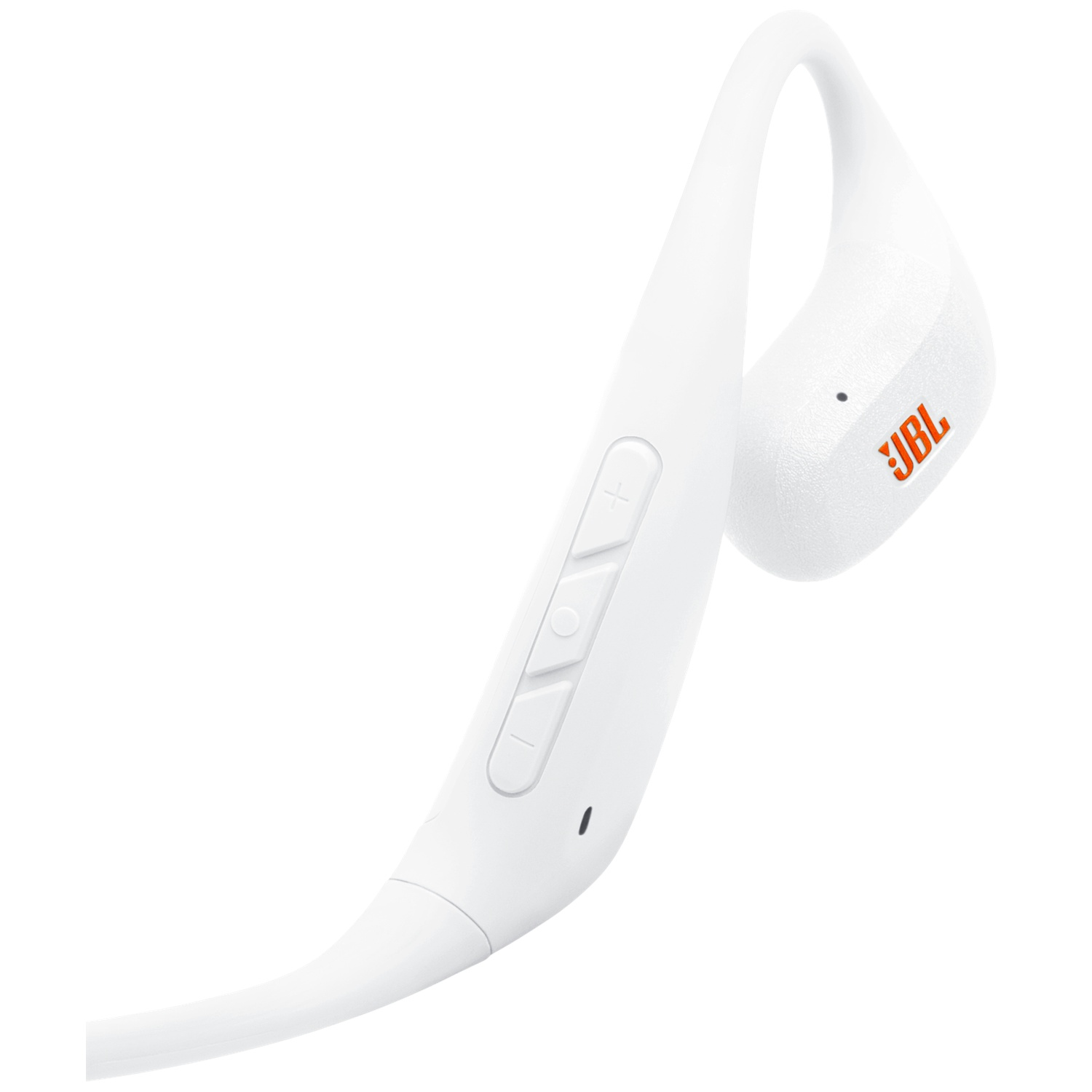 Een witte JBL-oortelefoon. Het heeft een gebogen ontwerp met volumeknoppen en het JBL-logo in oranje.