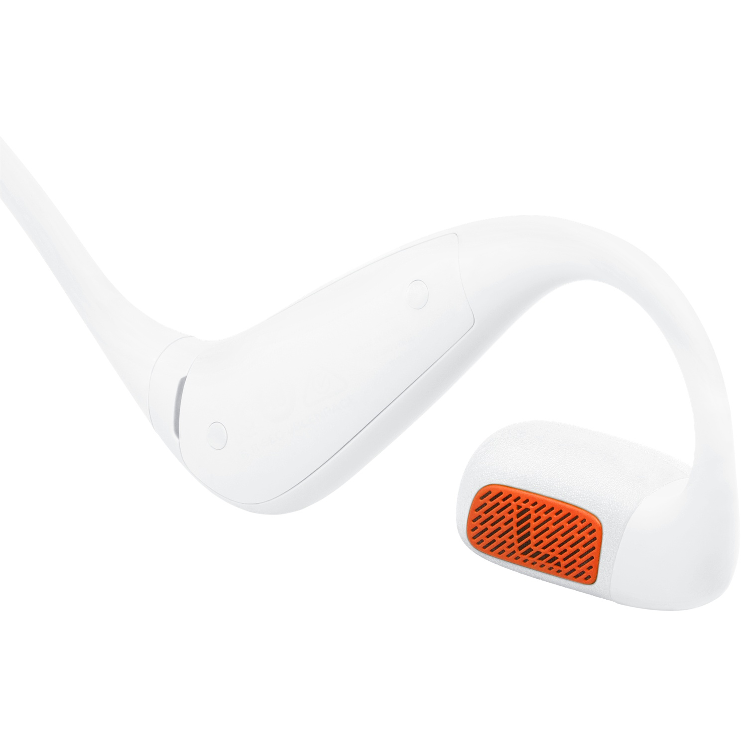 Witte bone conduction hoofdtelefoon met oranje luidsprekerrooster. Het apparaat buigt rond het oor, met een strak, modern ontwerp.