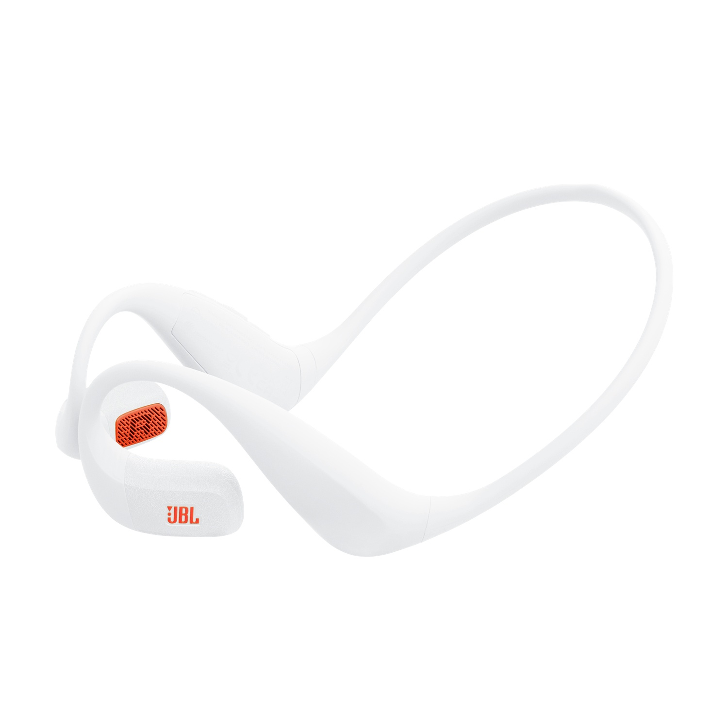 Witte JBL-hoofdtelefoon met oranje accenten, ontworpen om de oren en achterkant van het hoofd te omsluiten, tegen een witte achtergrond.