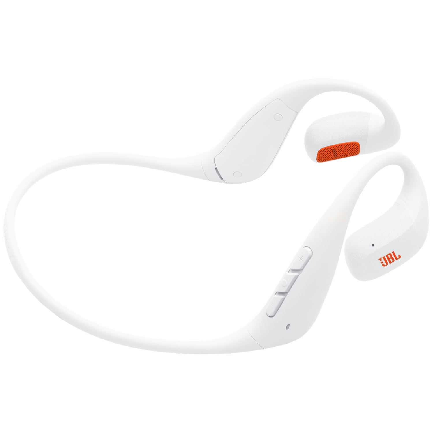 Witte JBL-hoofdtelefoon met oranje accenten. De hoofdtelefoon heeft een nekband en oorhaken. Knoppen zijn zichtbaar aan de linkerkant.