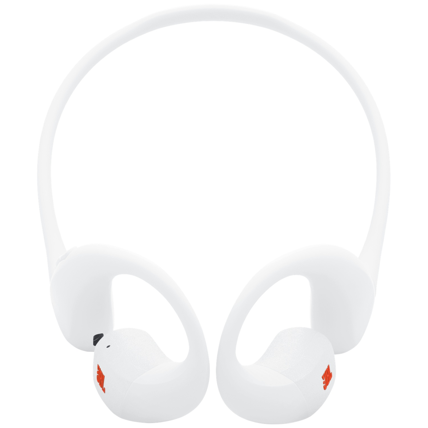 Witte draadloze koptelefoon. Het merk JBL is in oranje zichtbaar. De koptelefoon staat op een witte achtergrond.