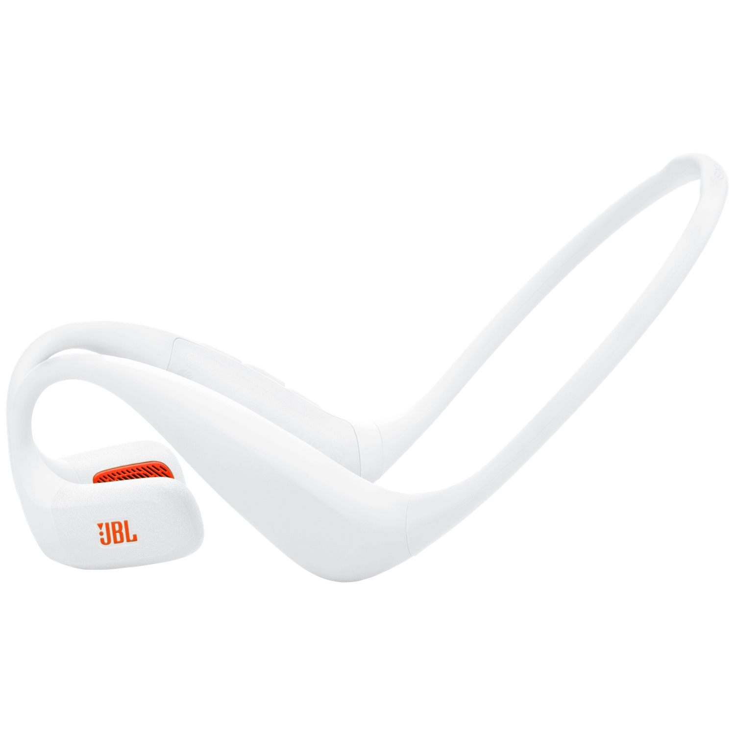 Witte JBL-hoofdtelefoon met oranje accenten, het merklogo is zichtbaar. Het ontwerp heeft een nekband, geschikt voor sport.