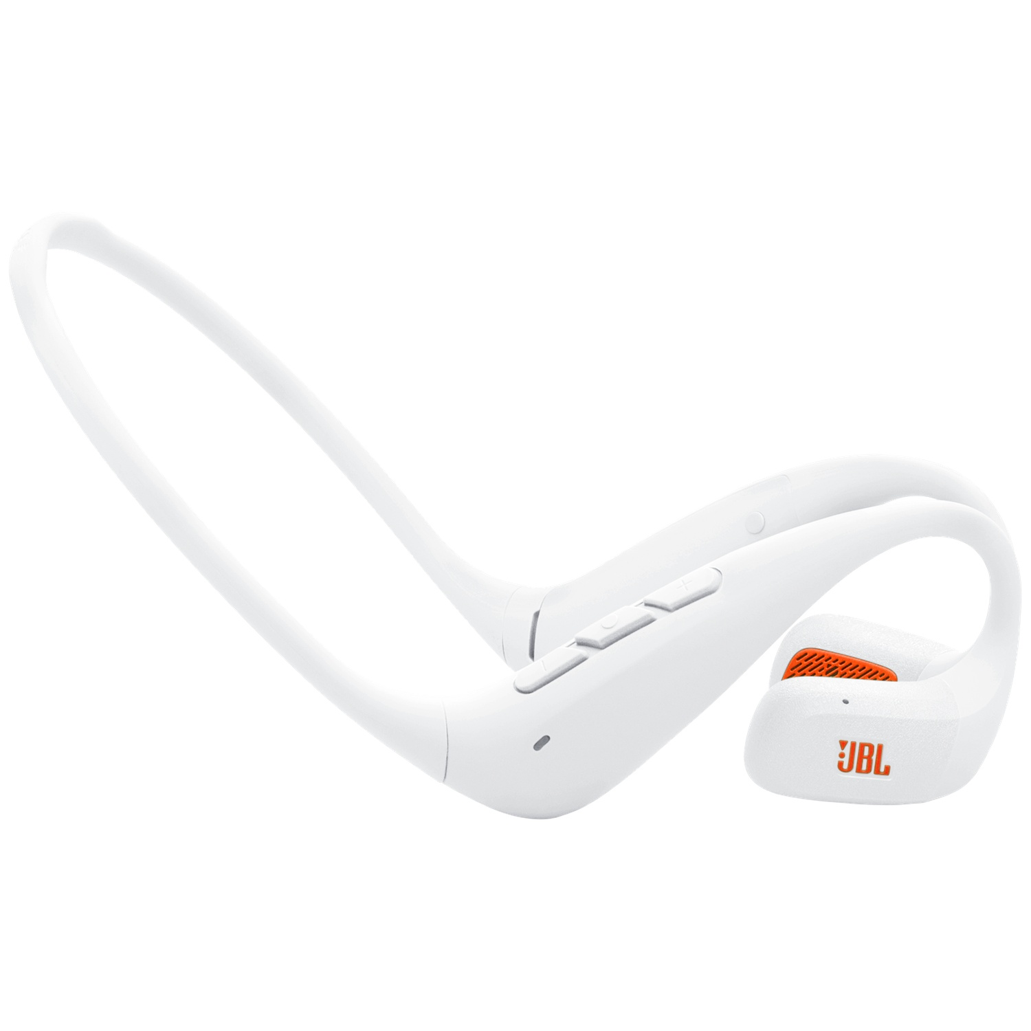 Witte JBL draadloze hoofdtelefoon. De rechter oortelefoon heeft oranje accenten en het JBL-logo. Knoppen zitten op de linker oortelefoon.