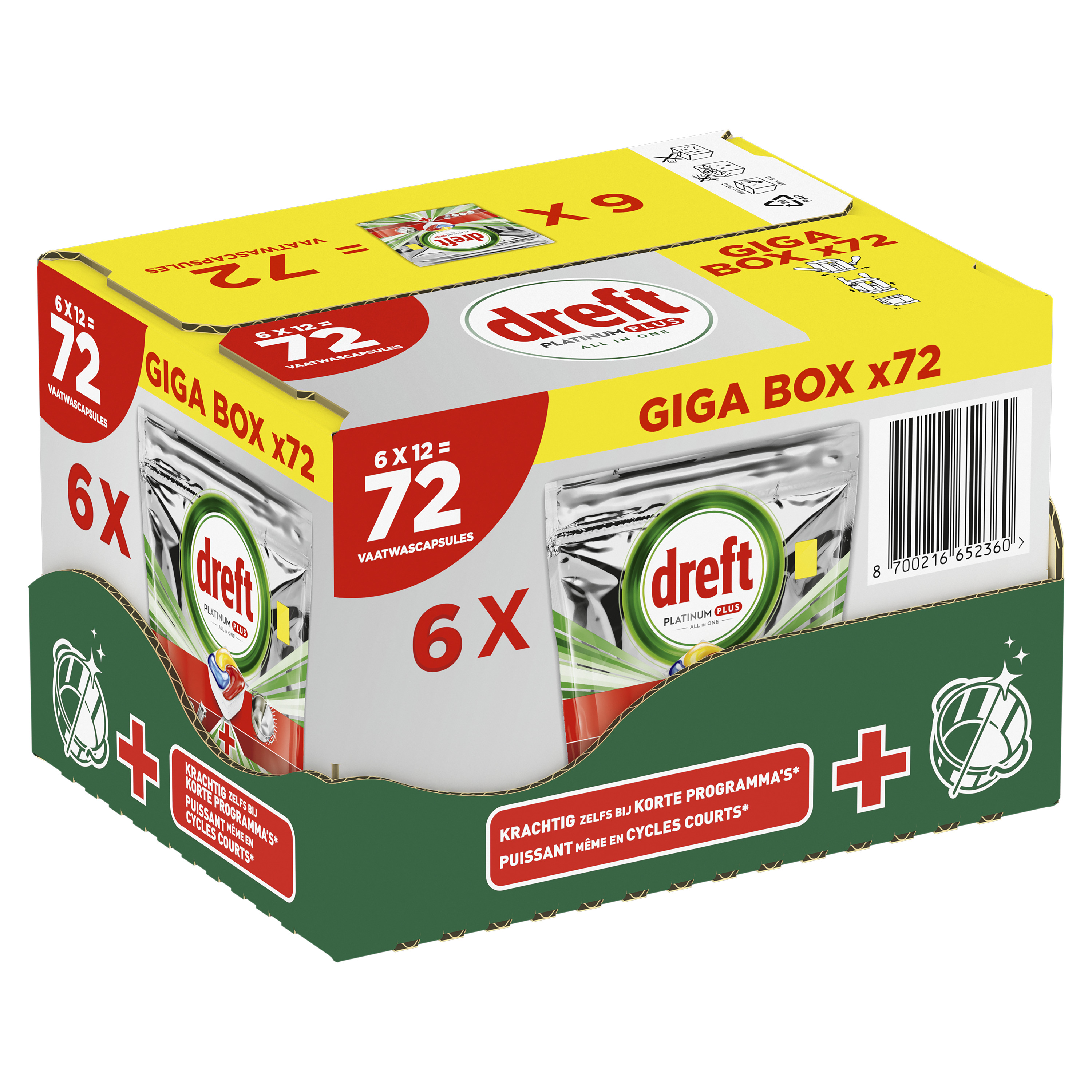 A box of Dreft Platinum Plus dishwashing capsules. It is a Giga Box x72, with red and green accents. Contains 72 capsules.