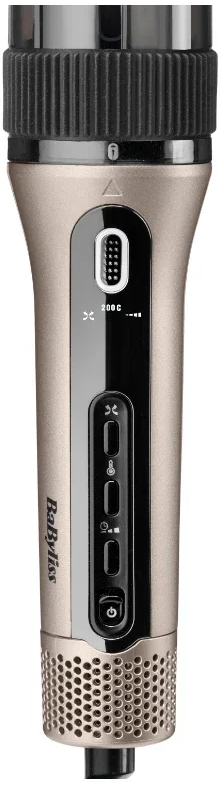 Un styler capillaire Babyliss doré et noir. Il possède un affichage numérique avec température et commandes de fonctions.