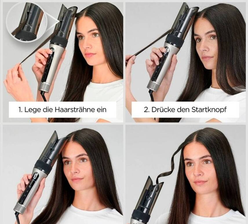 Une femme utilise un boucleur. Étapes : insérer les cheveux, appuyer sur start, boucler les cheveux et voir le résultat.