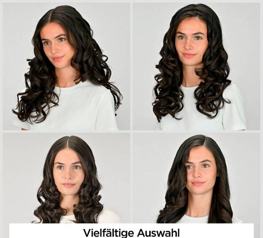 Quatre images d'une femme aux cheveux ondulés foncés, portant une chemise blanche, avec différentes coiffures. Le texte en bas dit 'Vieltfältige Auswahl'.