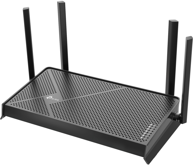 Un routeur TP-Link noir. Il a un dessus perforé, plusieurs antennes et des voyants lumineux. Le design est moderne et élégant.