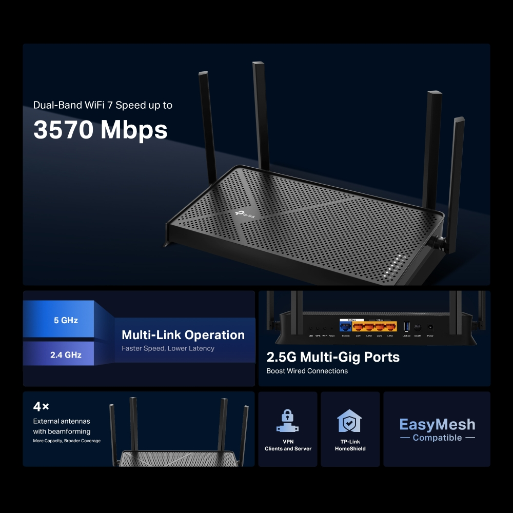 Un routeur noir avec 4 antennes, présentant des fonctionnalités telles que le WiFi 7 double bande, l'opération multi-liens et les ports multi-gig 2.5G.