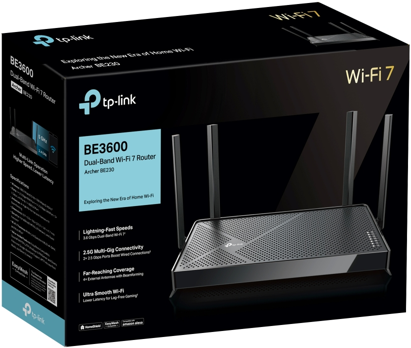 Une boîte noire du routeur TP-Link BE3600 Wi-Fi 7 avec une image du routeur et des spécifications. Il a quatre antennes.