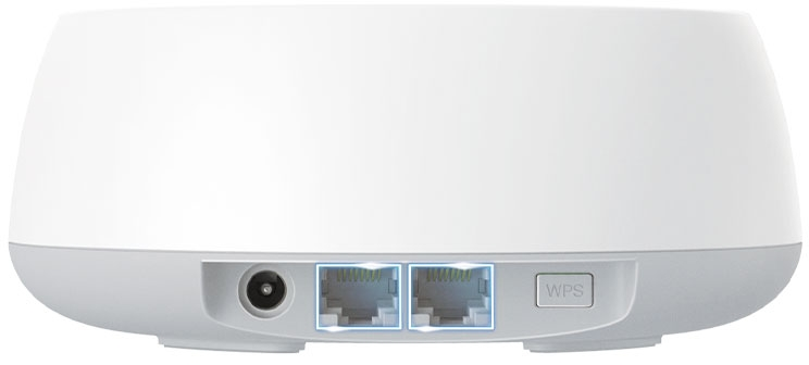 Un routeur blanc avec deux ports Ethernet, un port d'alimentation et un bouton WPS à l'arrière. Design arrondi.
