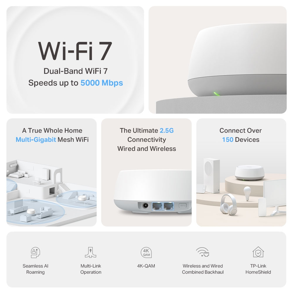Routeur Wi-Fi 7 blanc avec texte : Wi-Fi 7 double bande, vitesses jusqu'à 5000 Mbps. Caractéristiques : maillage WiFi, connectivité 2.5G, +150 appareils.